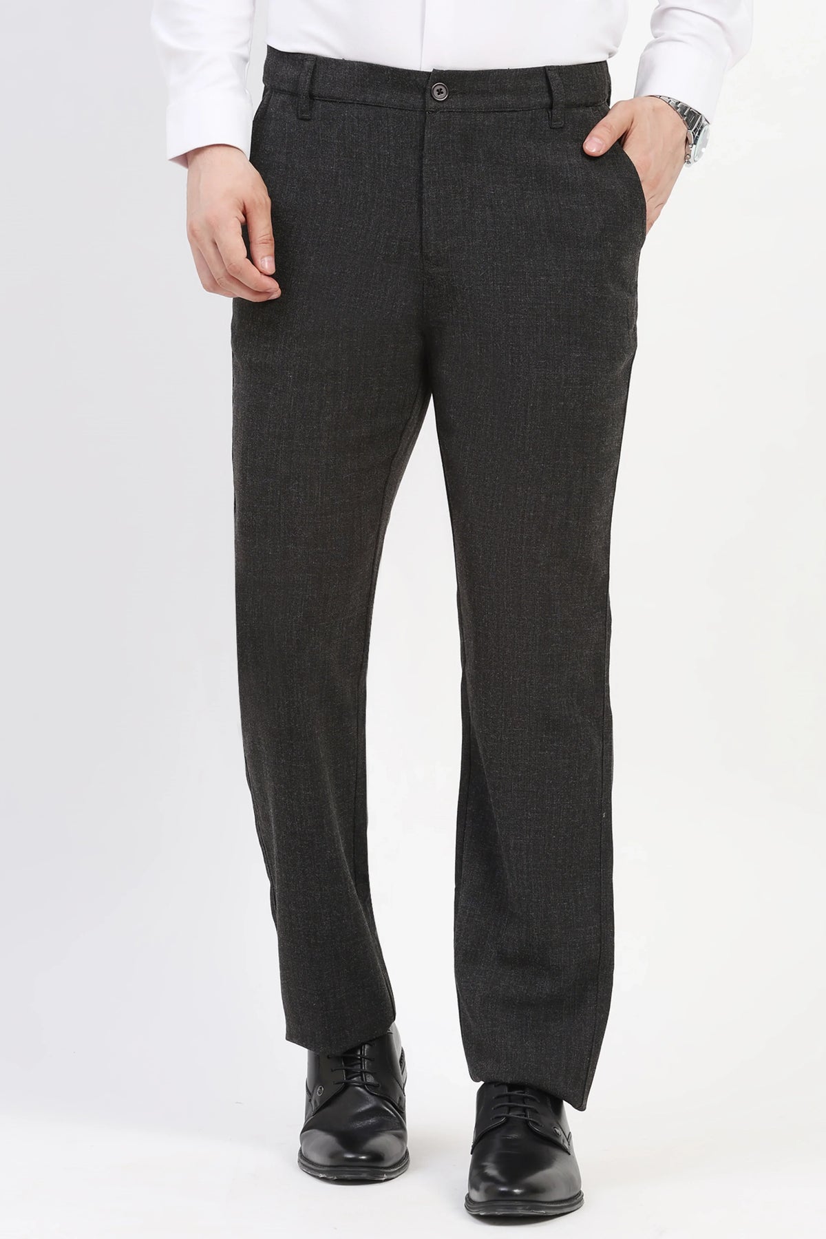 Black Solid Melange Straight-Fit Trousers-Global Republic