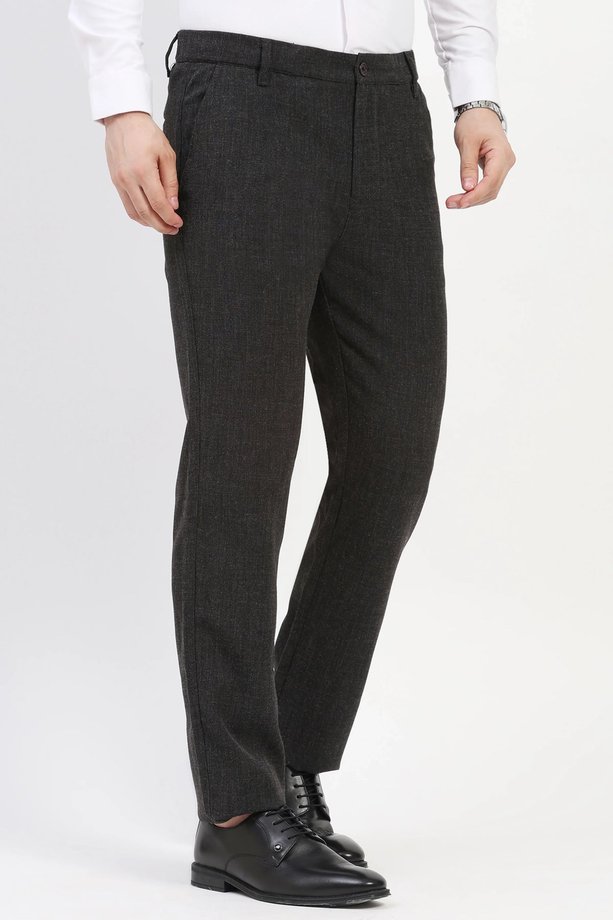 Black Solid Melange Straight-Fit Trousers-Global Republic