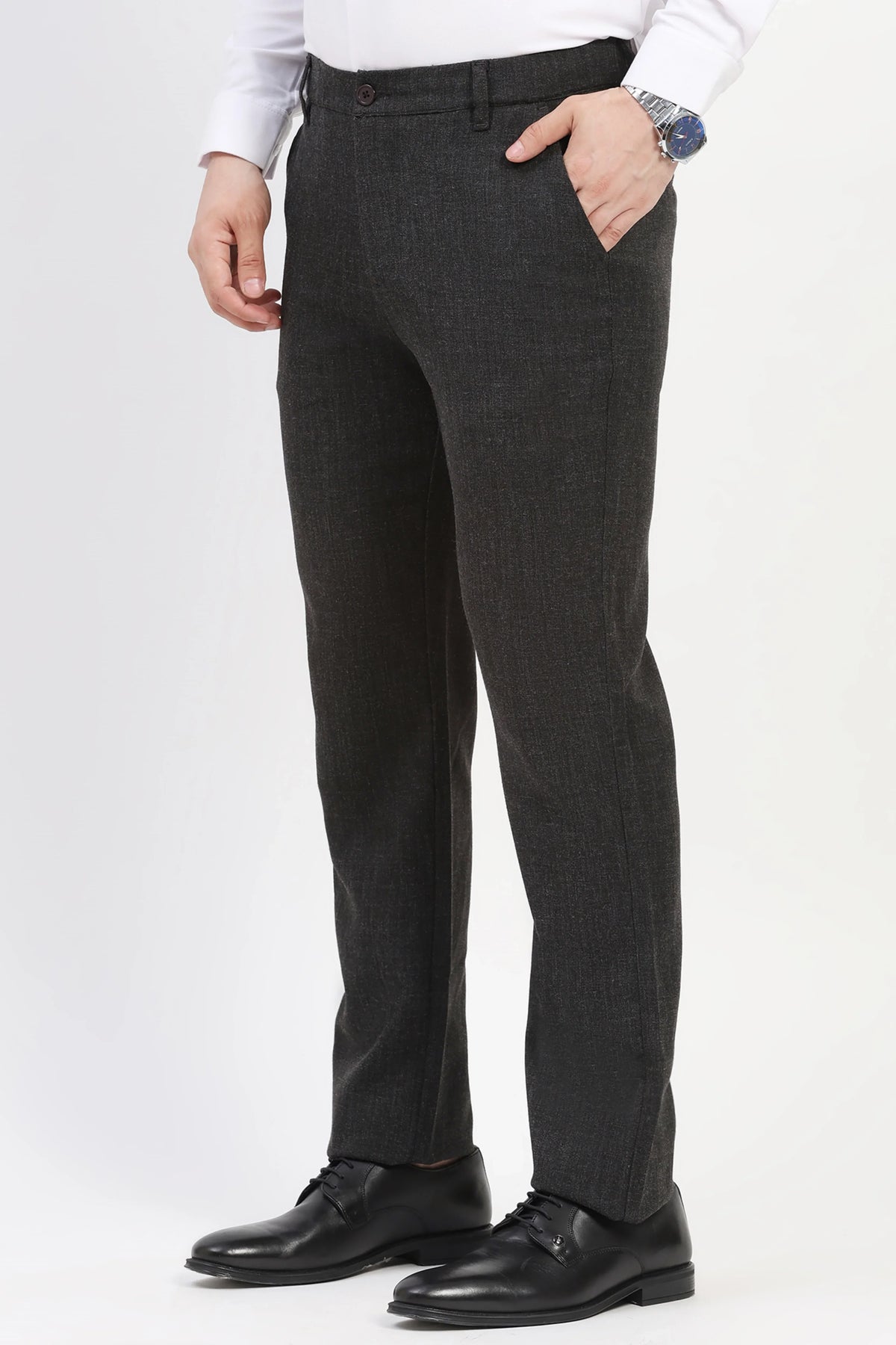 Black Solid Melange Straight-Fit Trousers-Global Republic