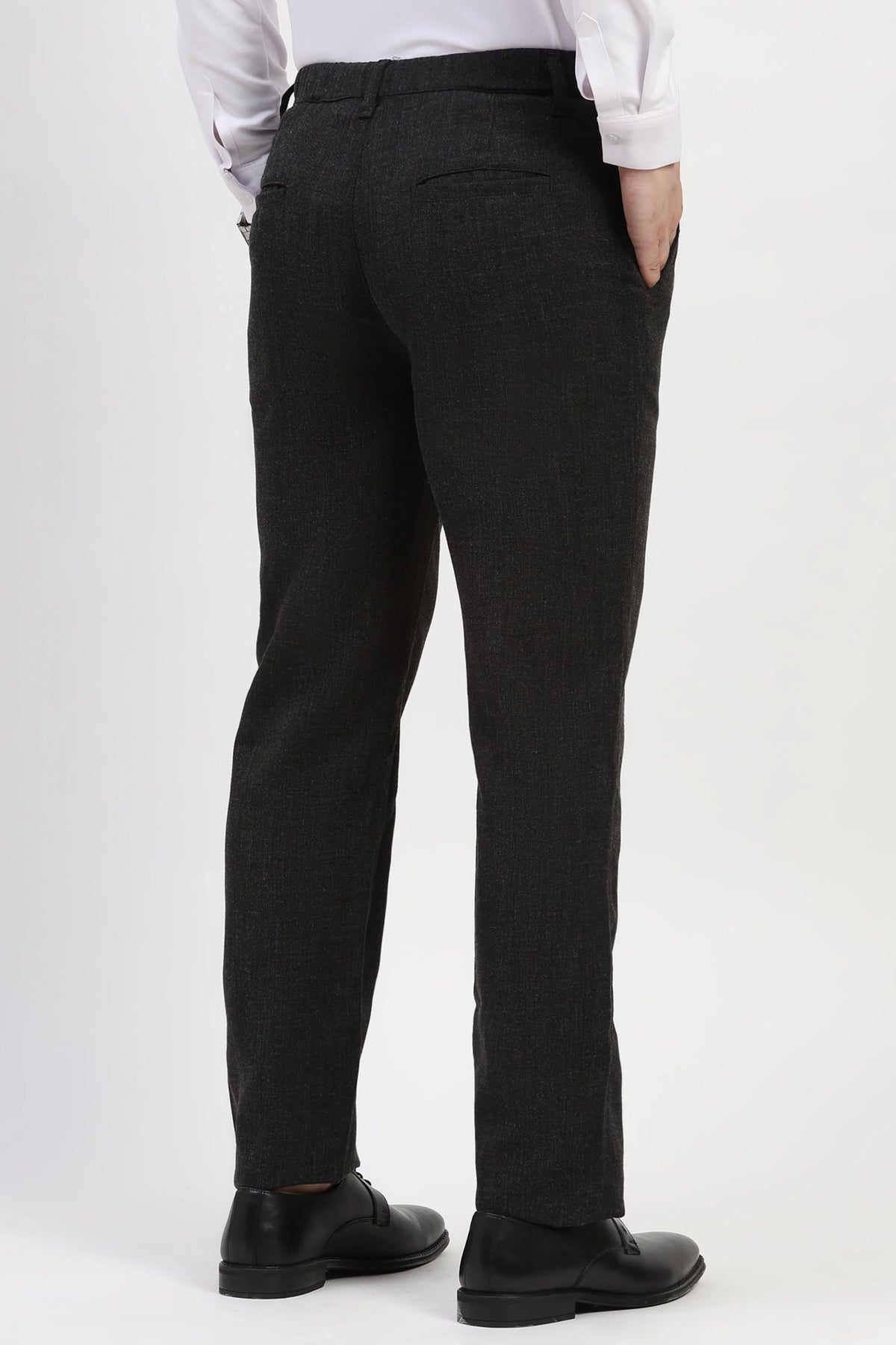 Black Solid Melange Straight-Fit Trousers-Global Republic