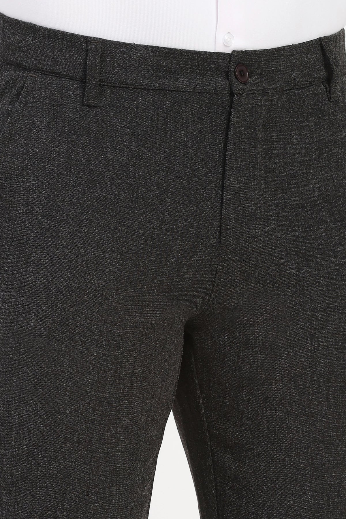 Black Solid Melange Straight-Fit Trousers-Global Republic