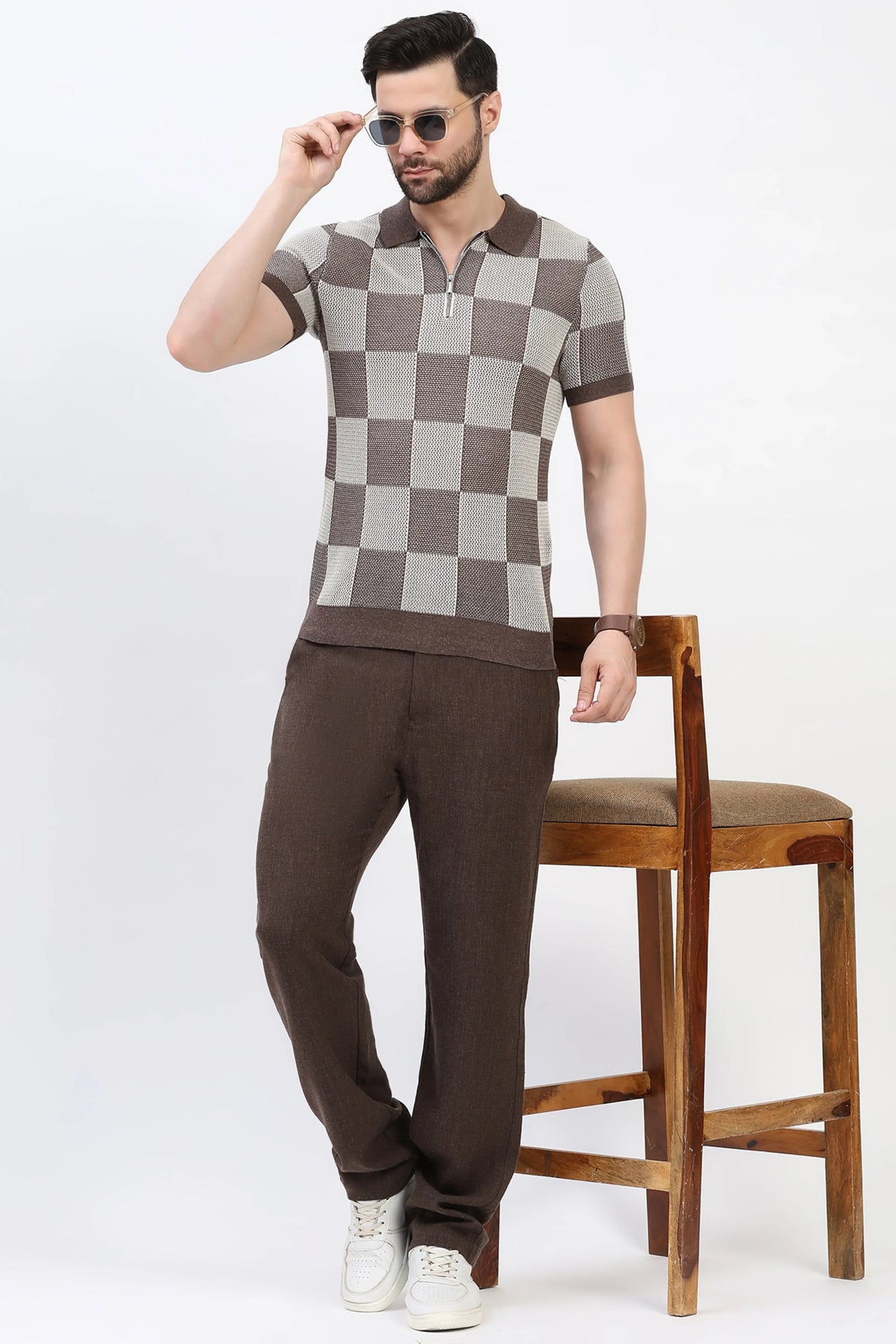 Coffee Brown Solid Melange Trousers-Global Republic