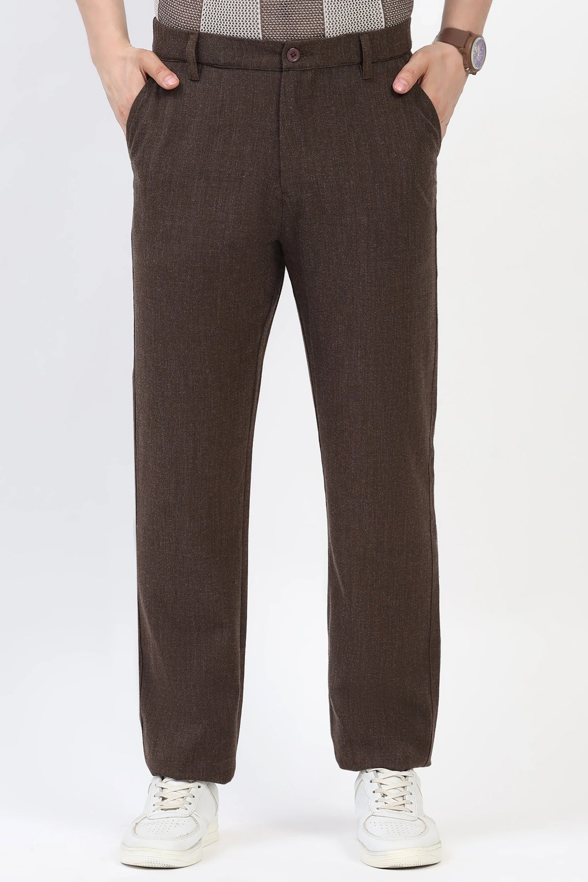 Coffee Brown Solid Melange Trousers-Global Republic