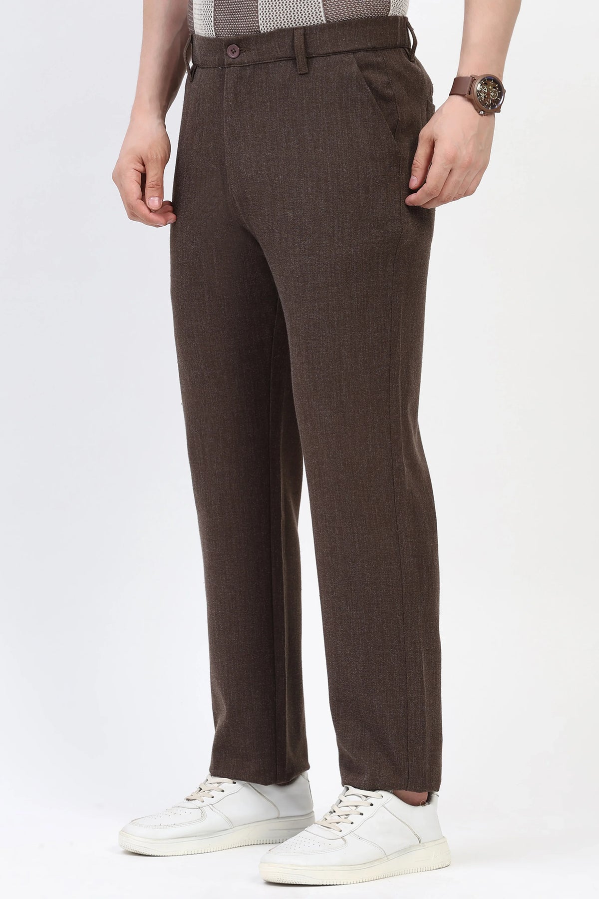 Coffee Brown Solid Melange Trousers-Global Republic