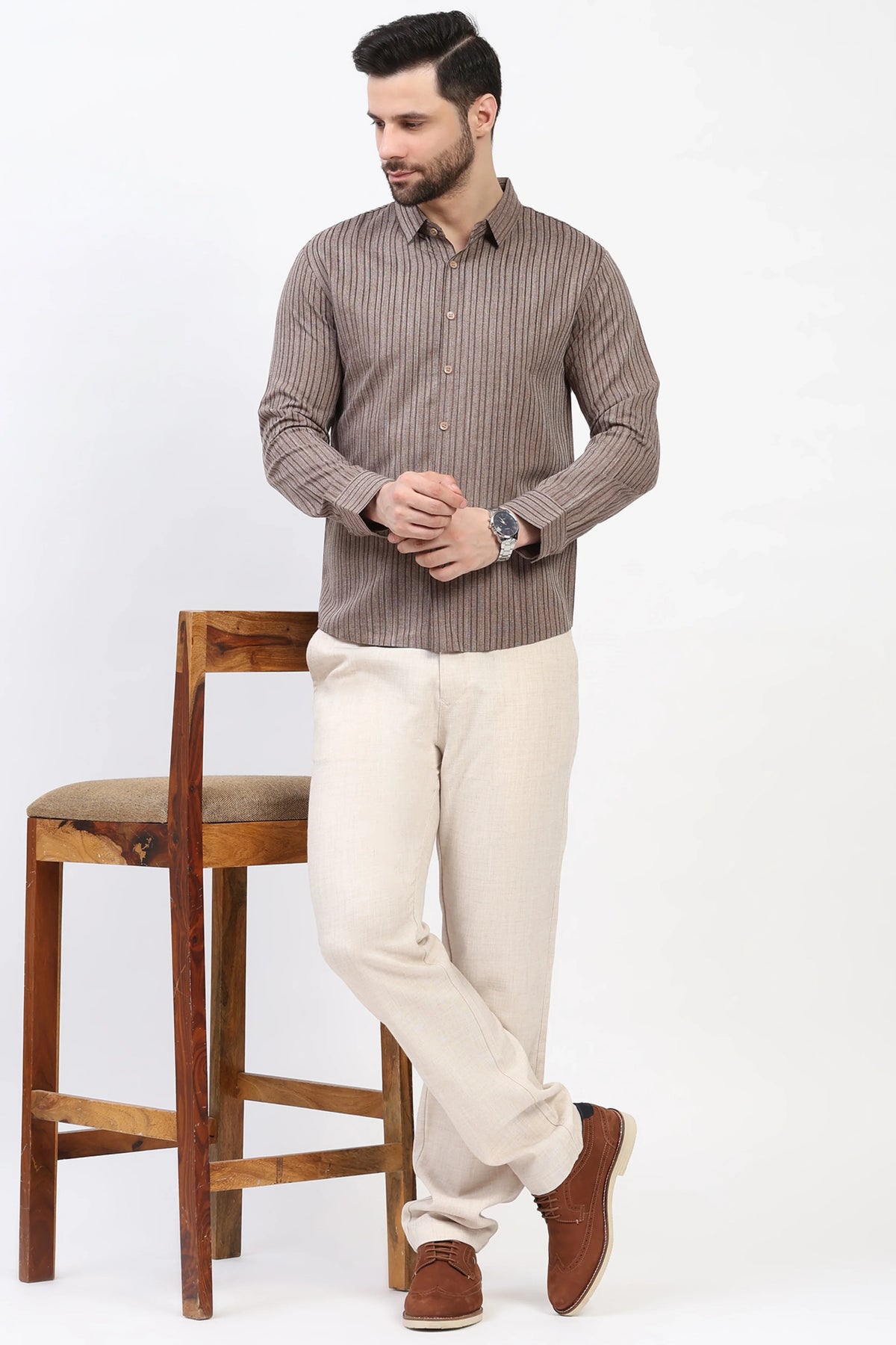 Fawn Solid Melange Straight-Fit Trousers-Global Republic