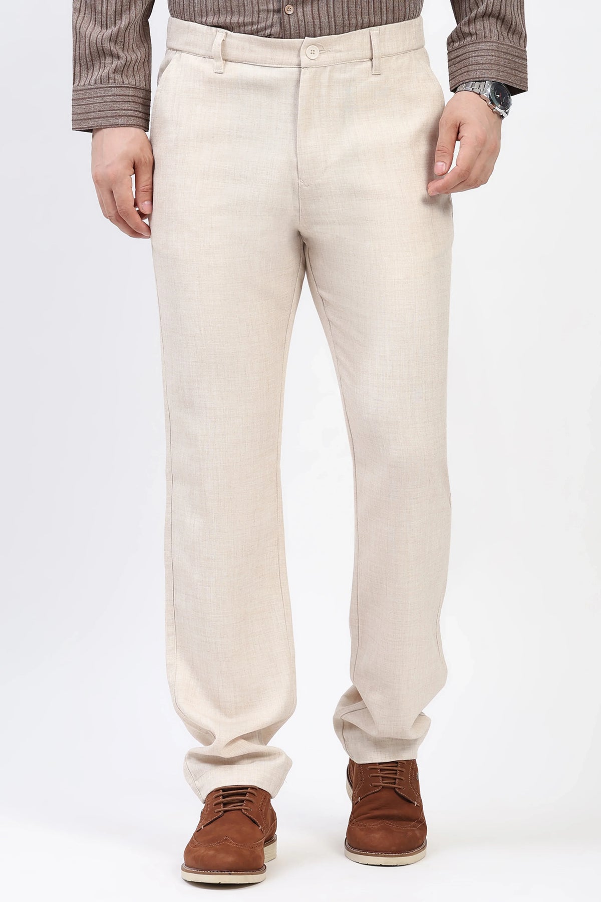 Fawn Solid Melange Straight-Fit Trousers-Global Republic
