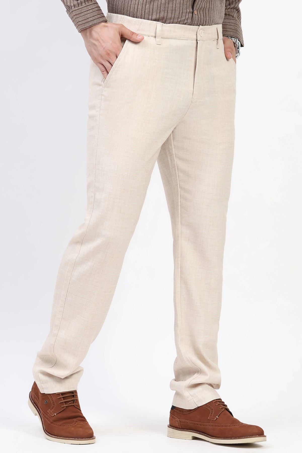Fawn Solid Melange Straight-Fit Trousers-Global Republic
