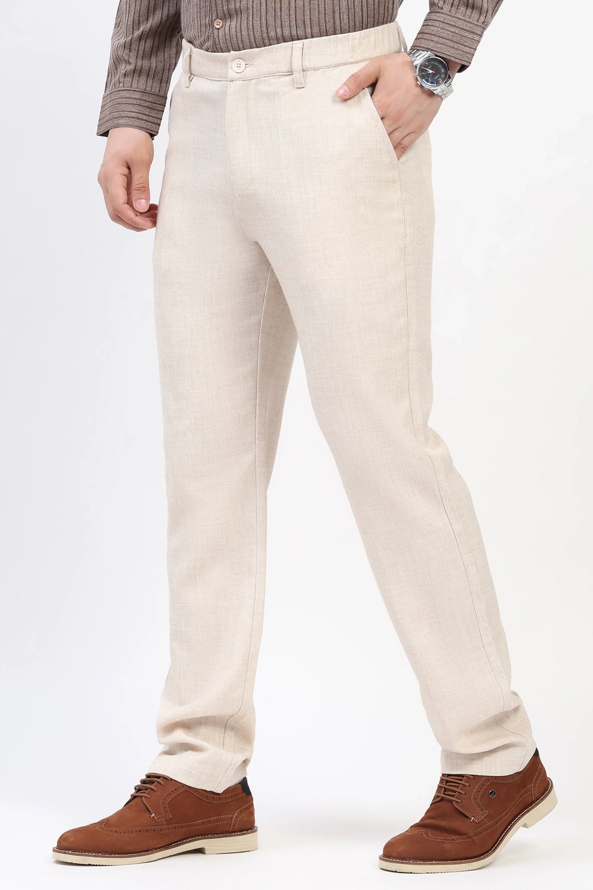 Fawn Solid Melange Straight-Fit Trousers-Global Republic
