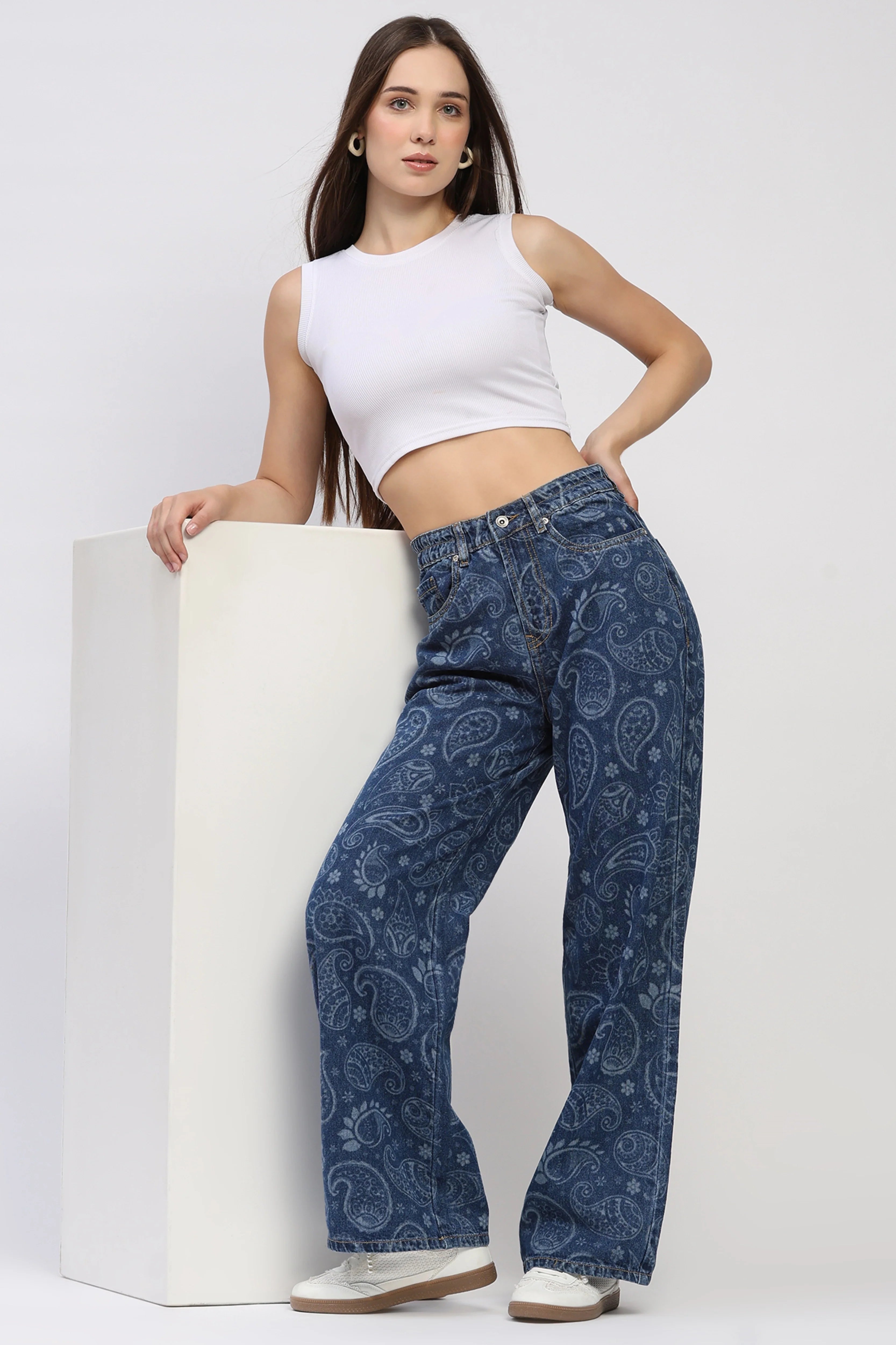 Blue Paisley Floral Print Jeans