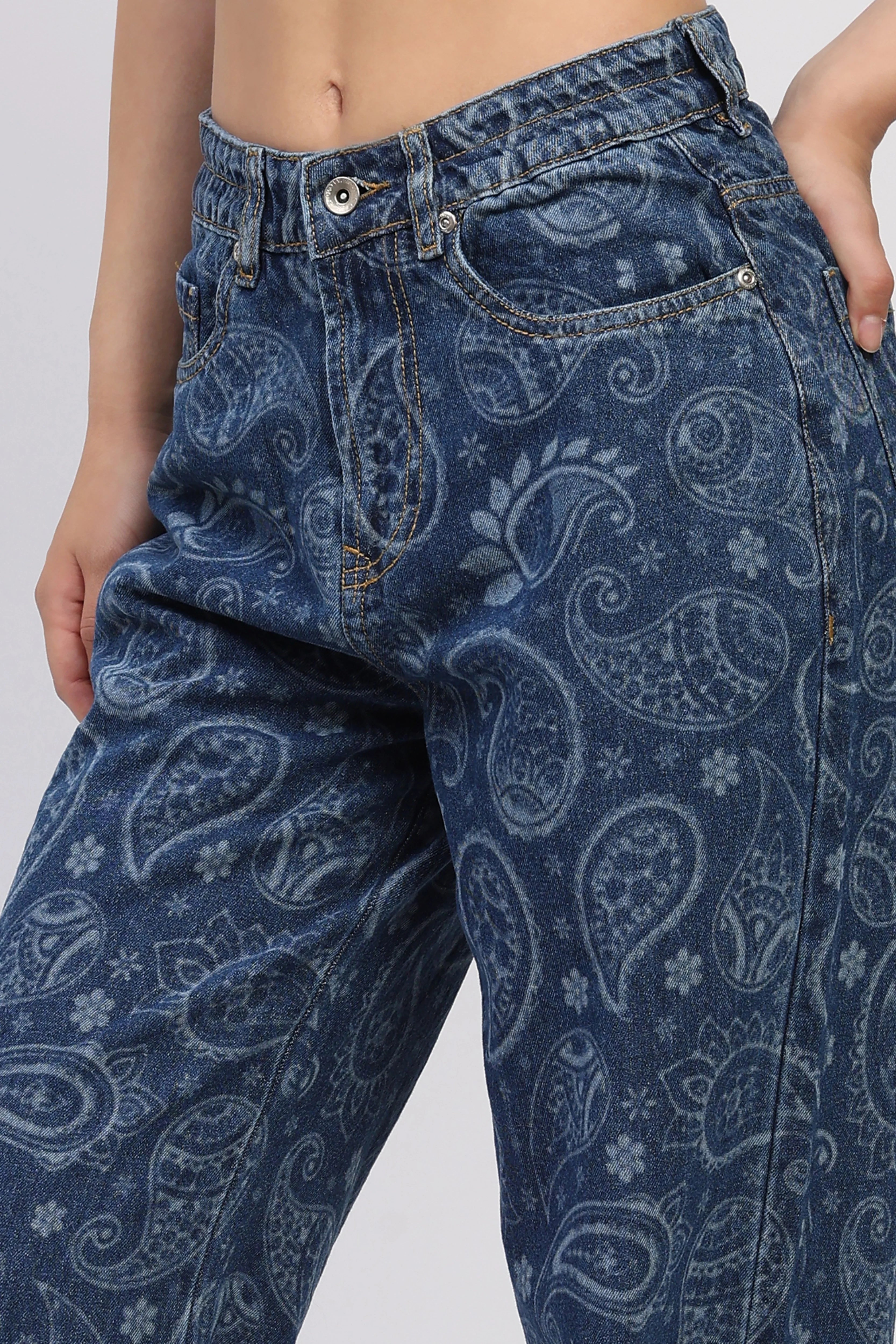 Blue Paisley Floral Print Jeans