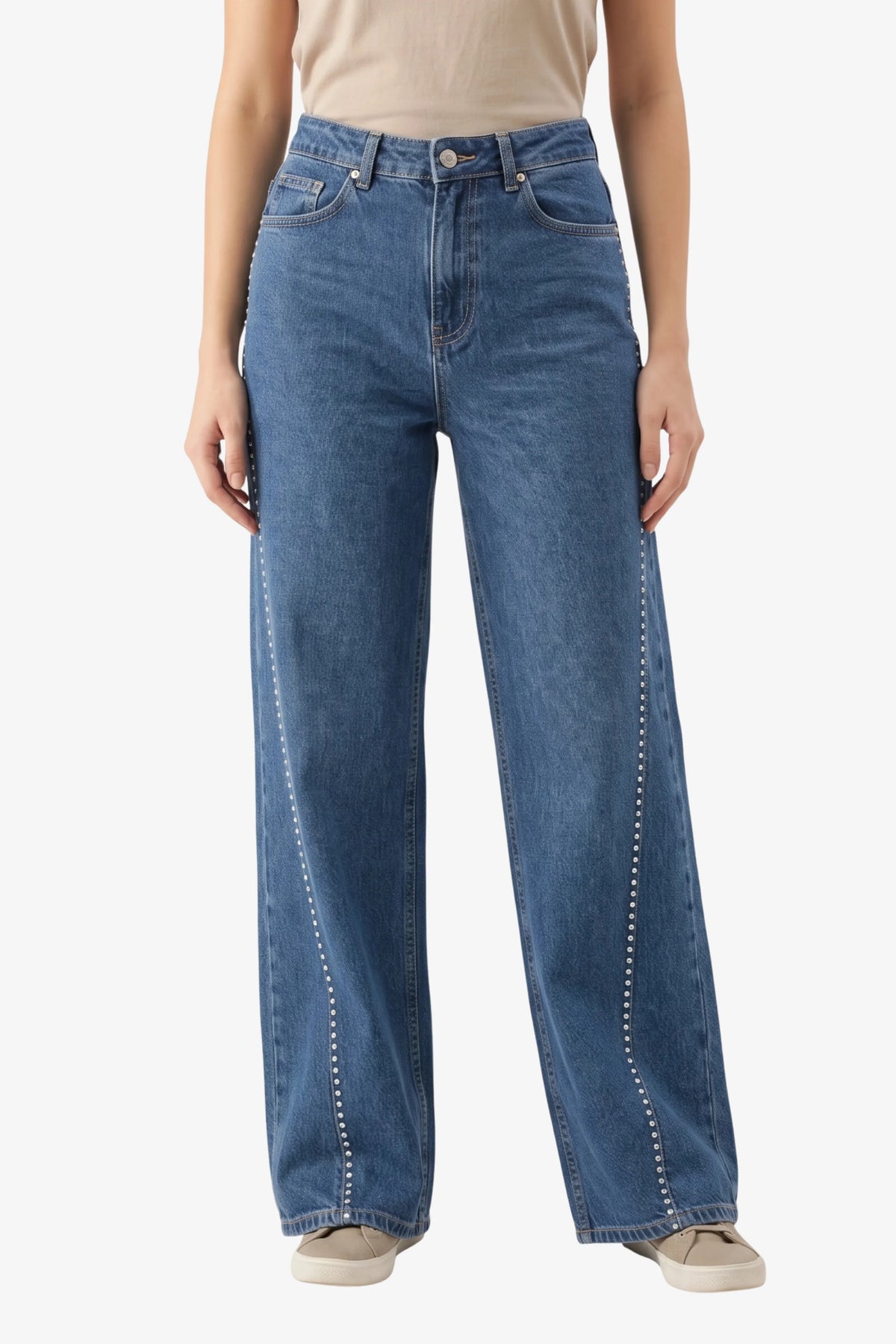 Blue Silver Stud Embellished Jeans-Global Republic