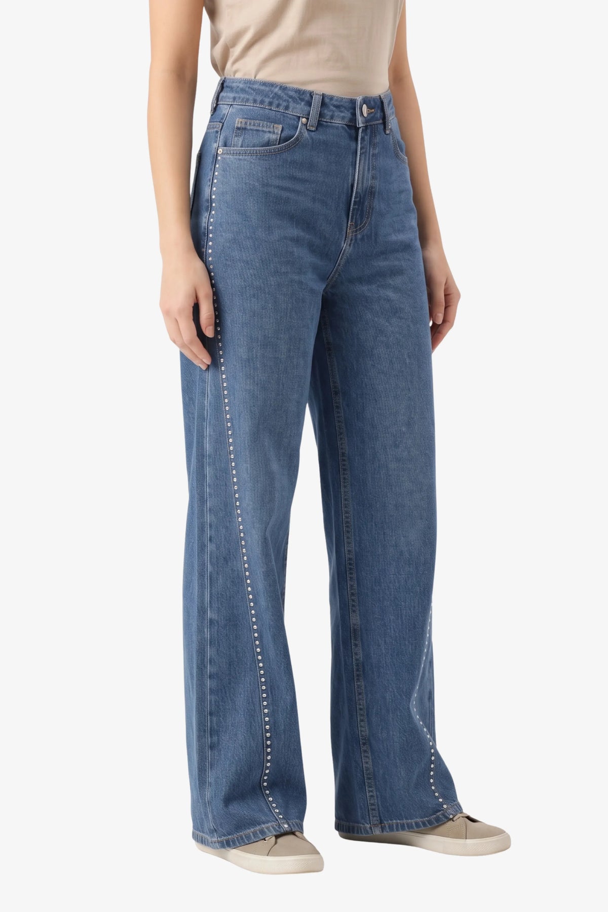Blue Silver Stud Embellished Jeans-Global Republic