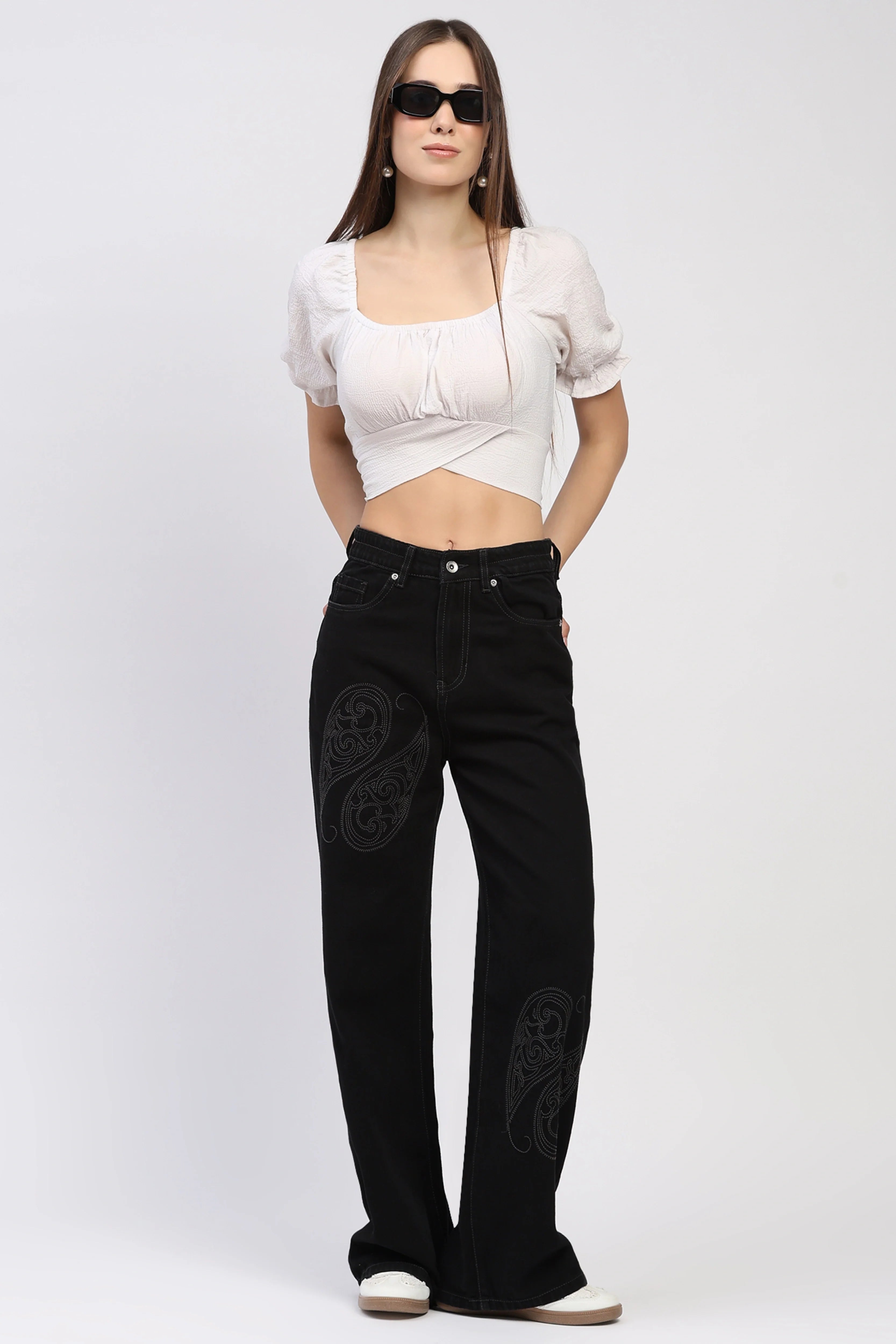 Black Paisley Embroidered Jeans