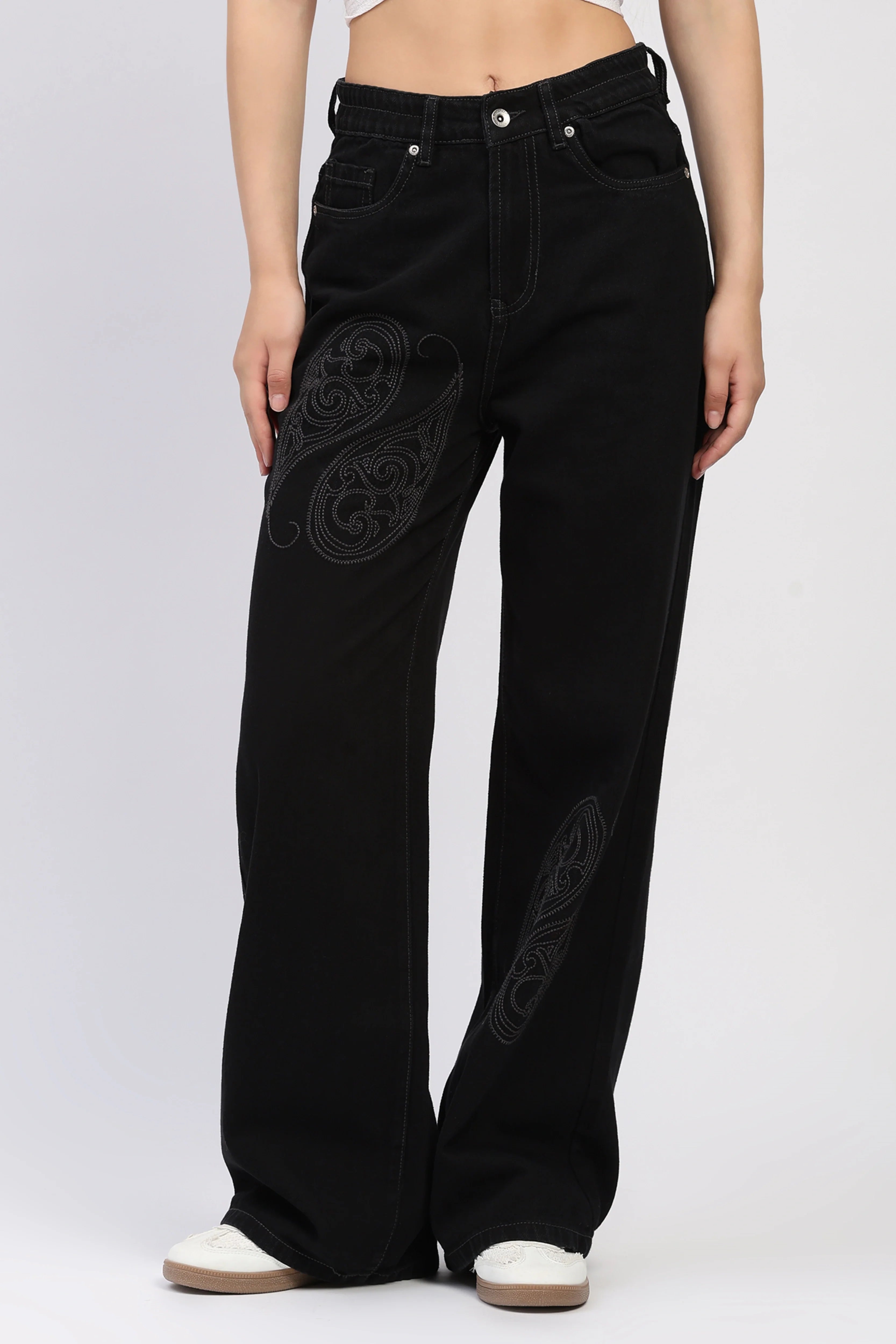 Black Paisley Embroidered Jeans