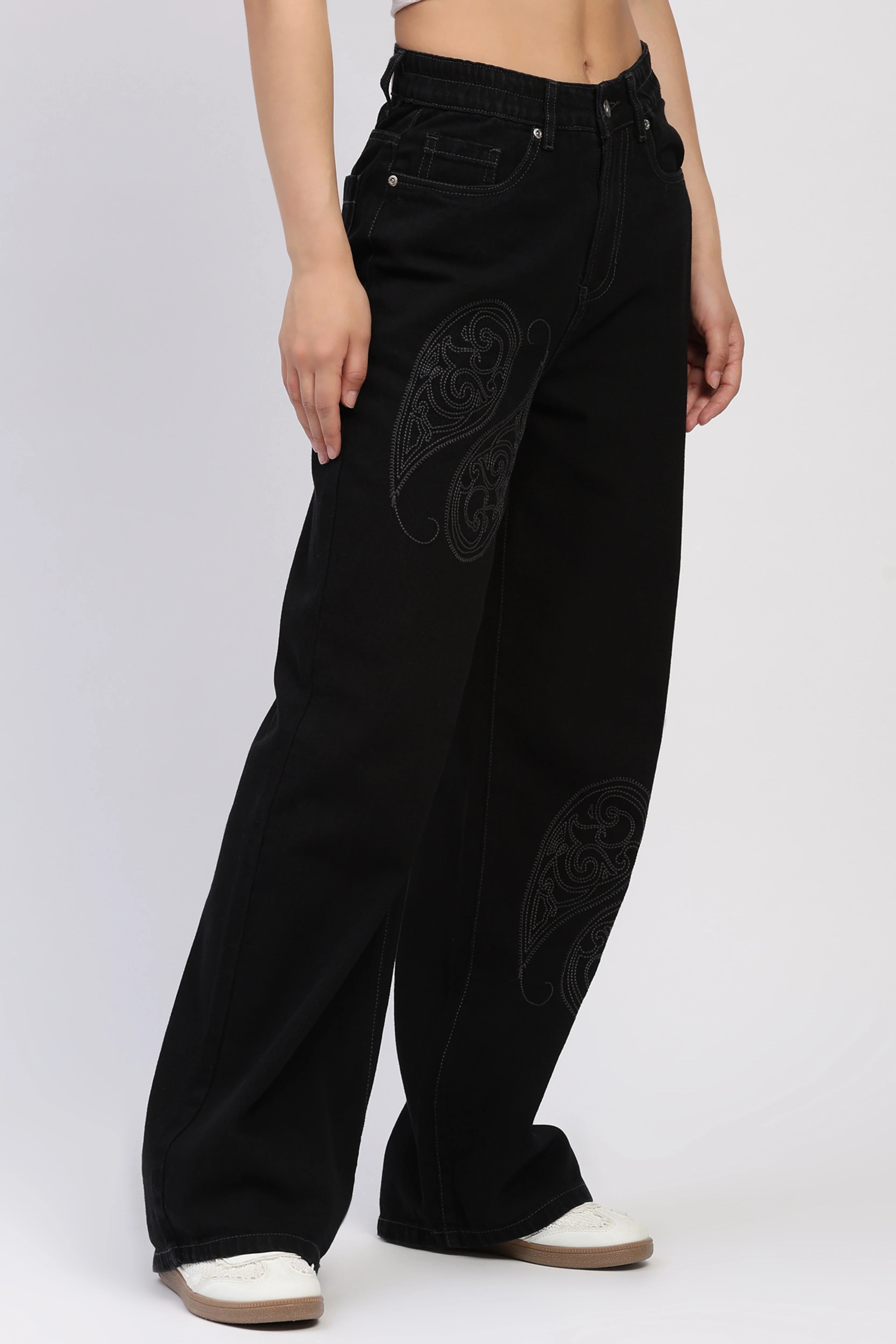 Black Paisley Embroidered Jeans