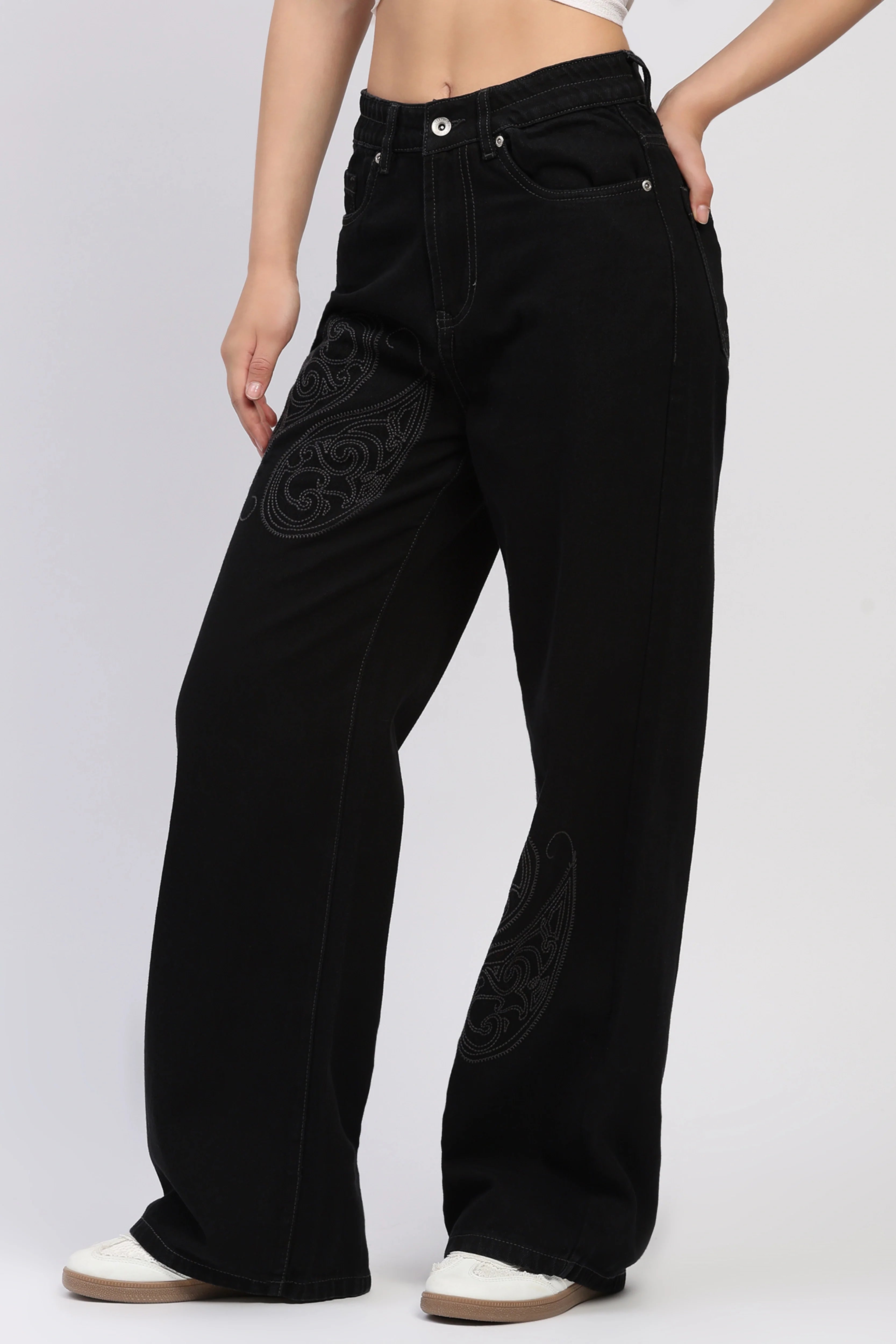 Black Paisley Embroidered Jeans