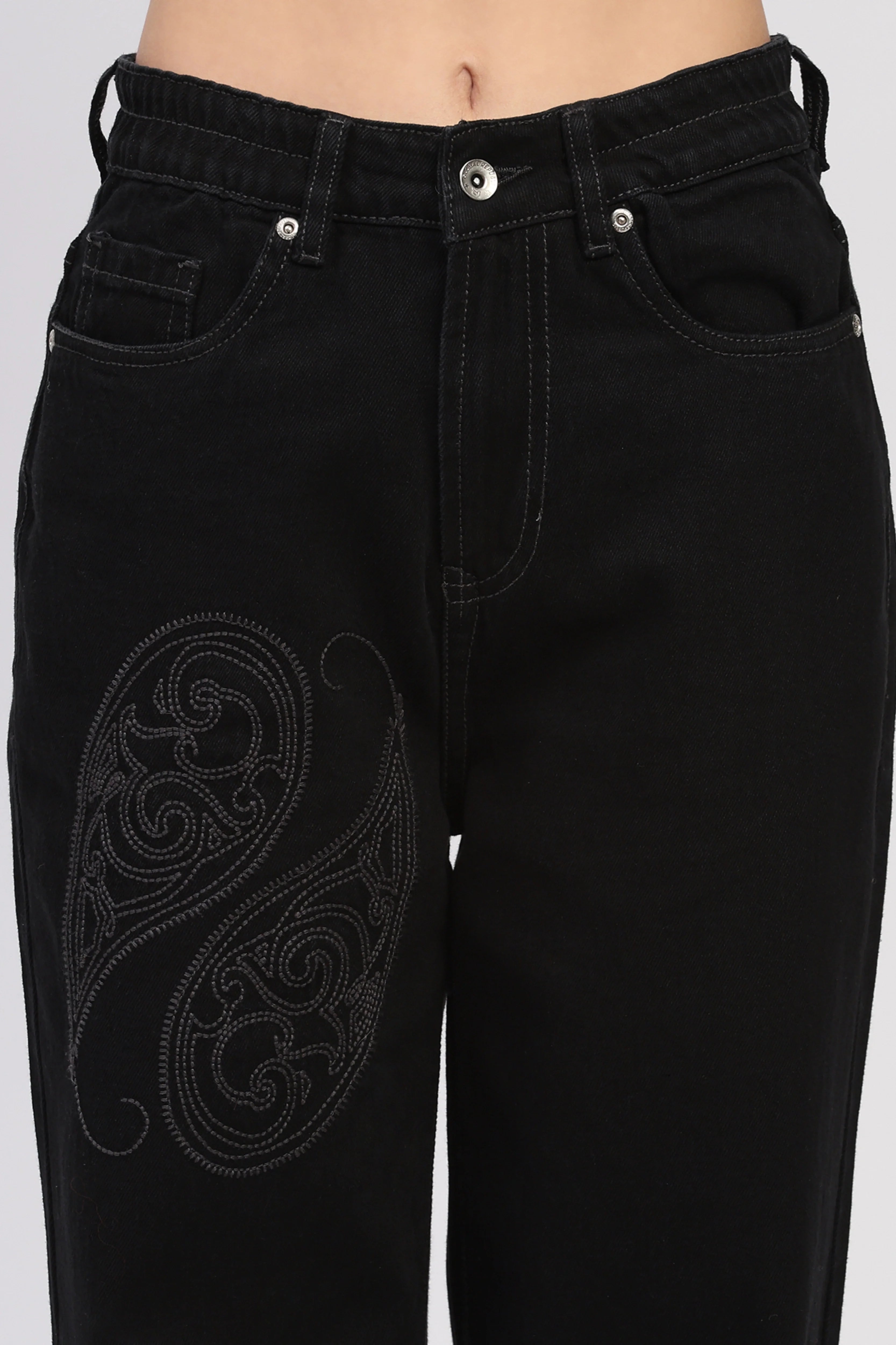 Black Paisley Embroidered Jeans