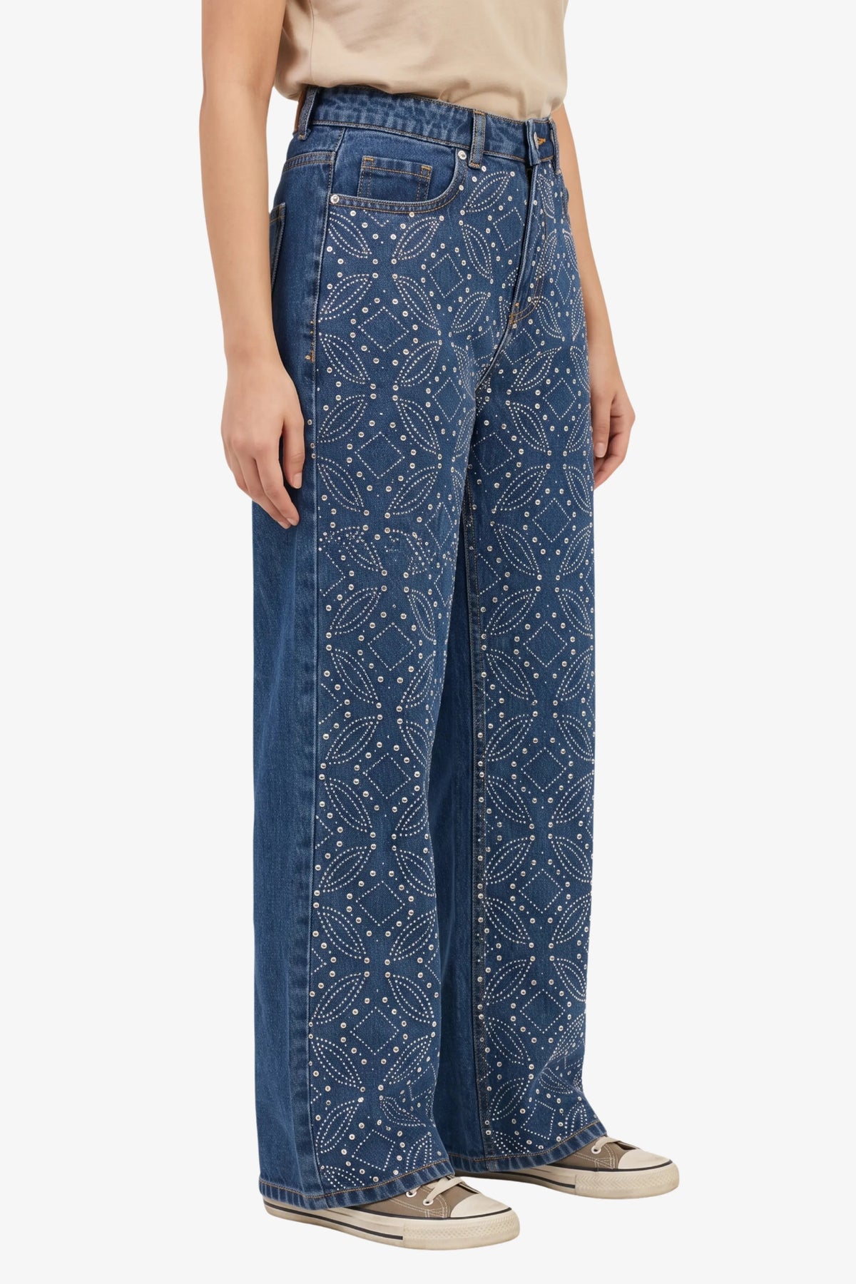 Blue Silver Stud Embellished Party Jeans-Global Republic