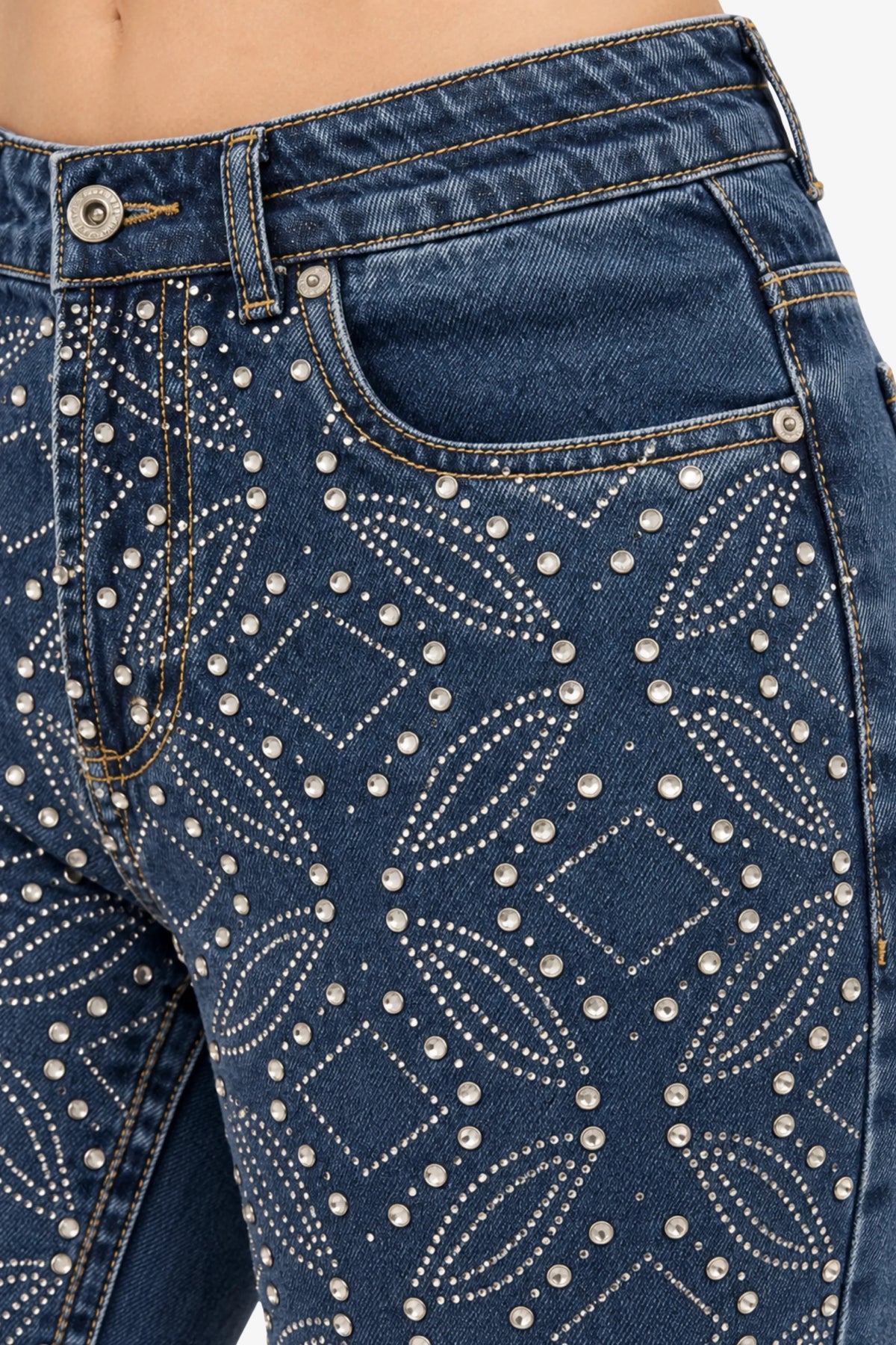 Blue Silver Stud Embellished Party Jeans-Global Republic