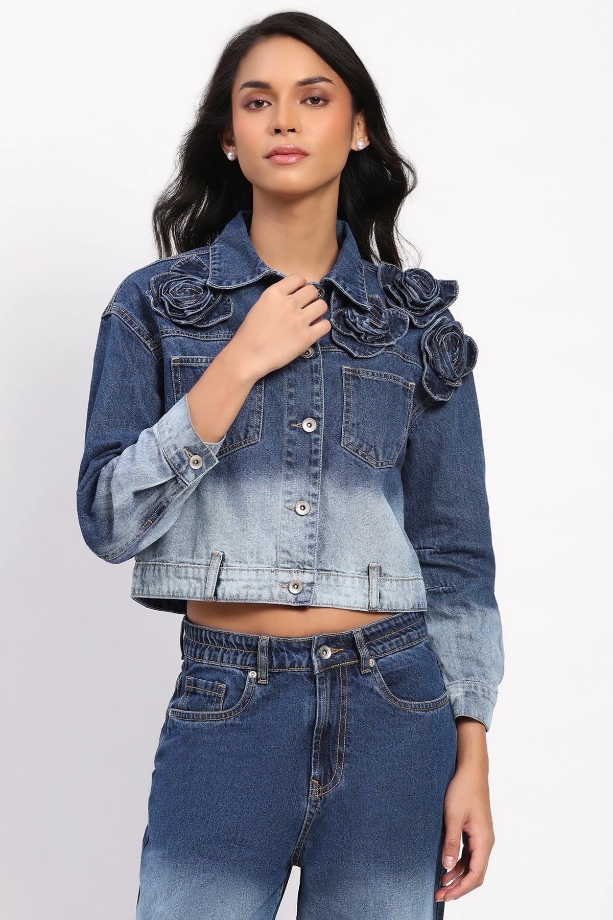 3D Rose Ombre Denim Jacket-Global Republic