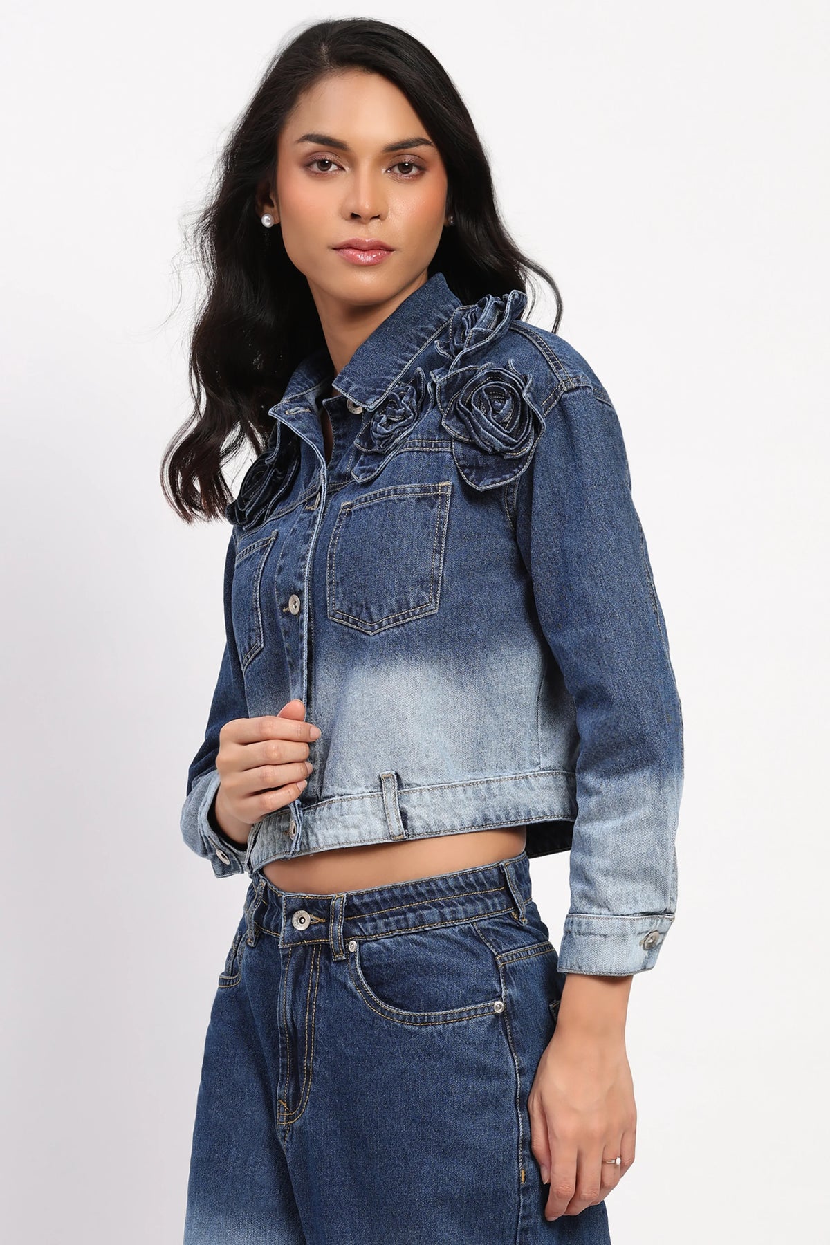3D Rose Ombre Denim Jacket-Global Republic