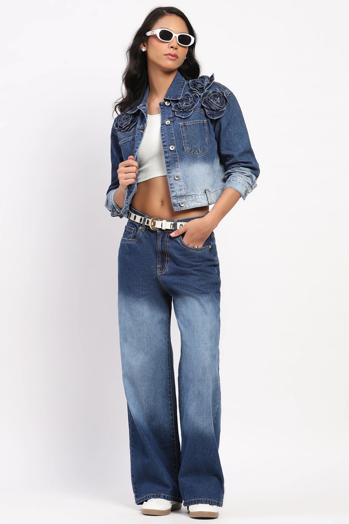 3D Rose Ombre Denim Jacket-Global Republic