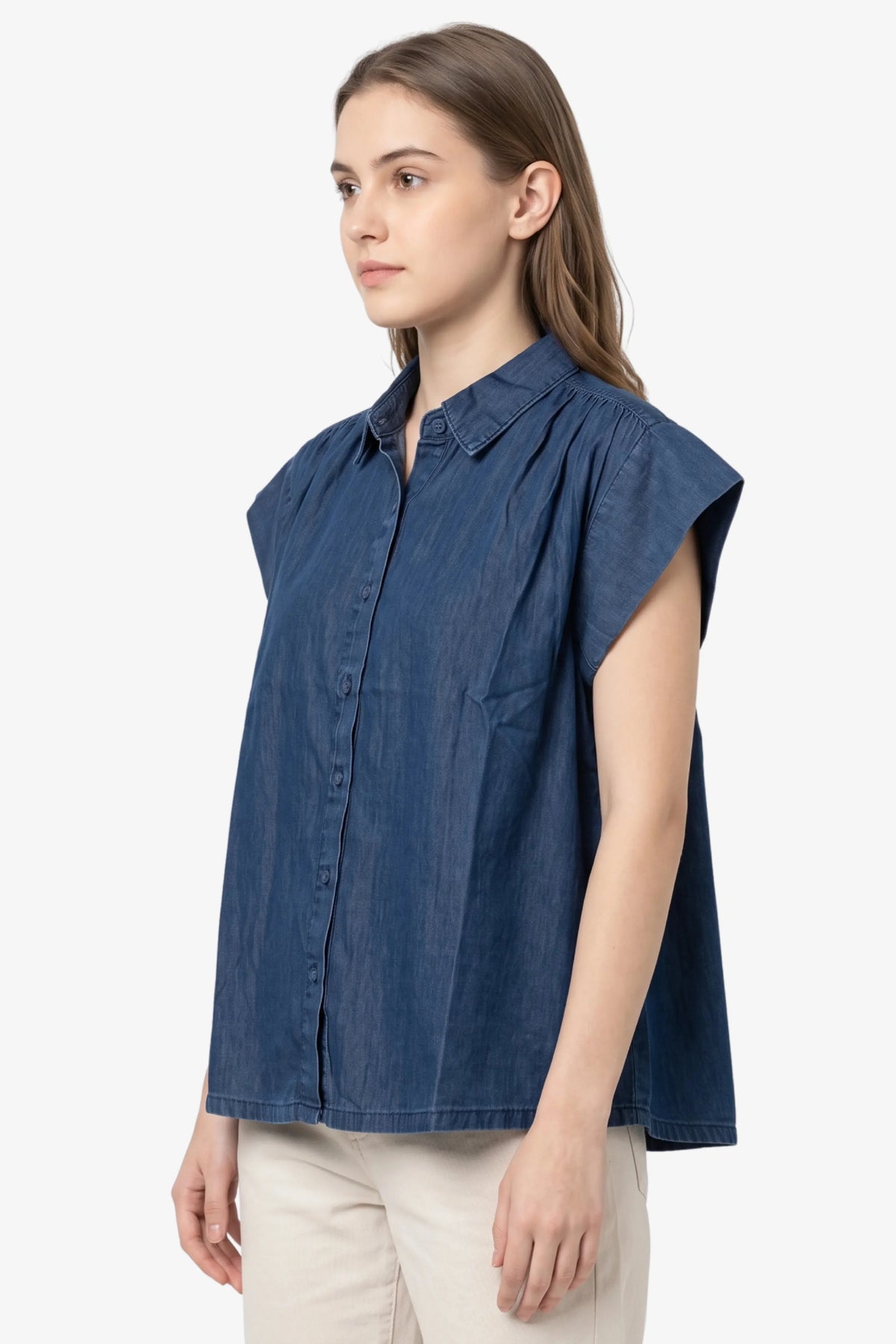 Blue Pleated Chambray Cotton Shirt-Global Republic