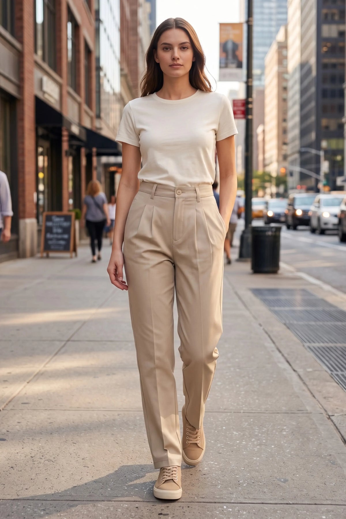 Beige Pleated Straight-Fit Trousers-Global Republic