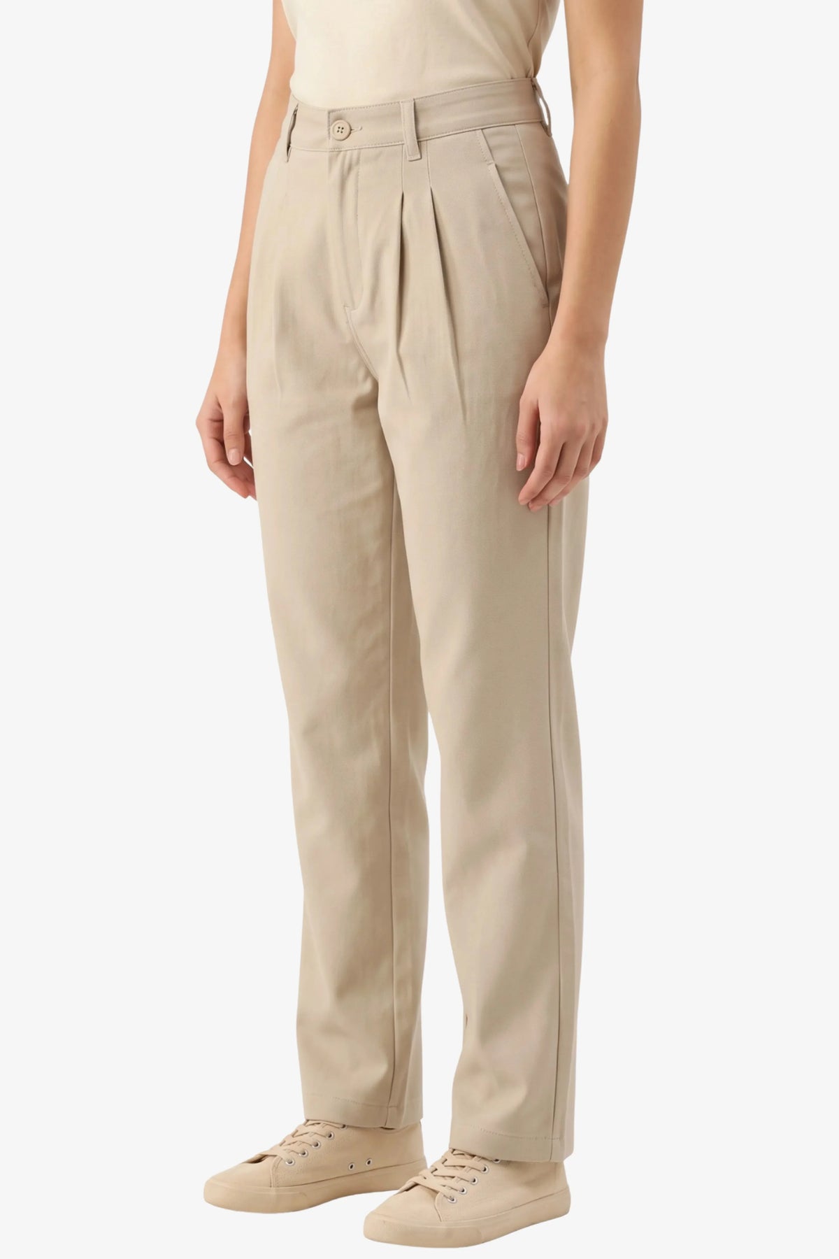 Beige Pleated Straight-Fit Trousers-Global Republic