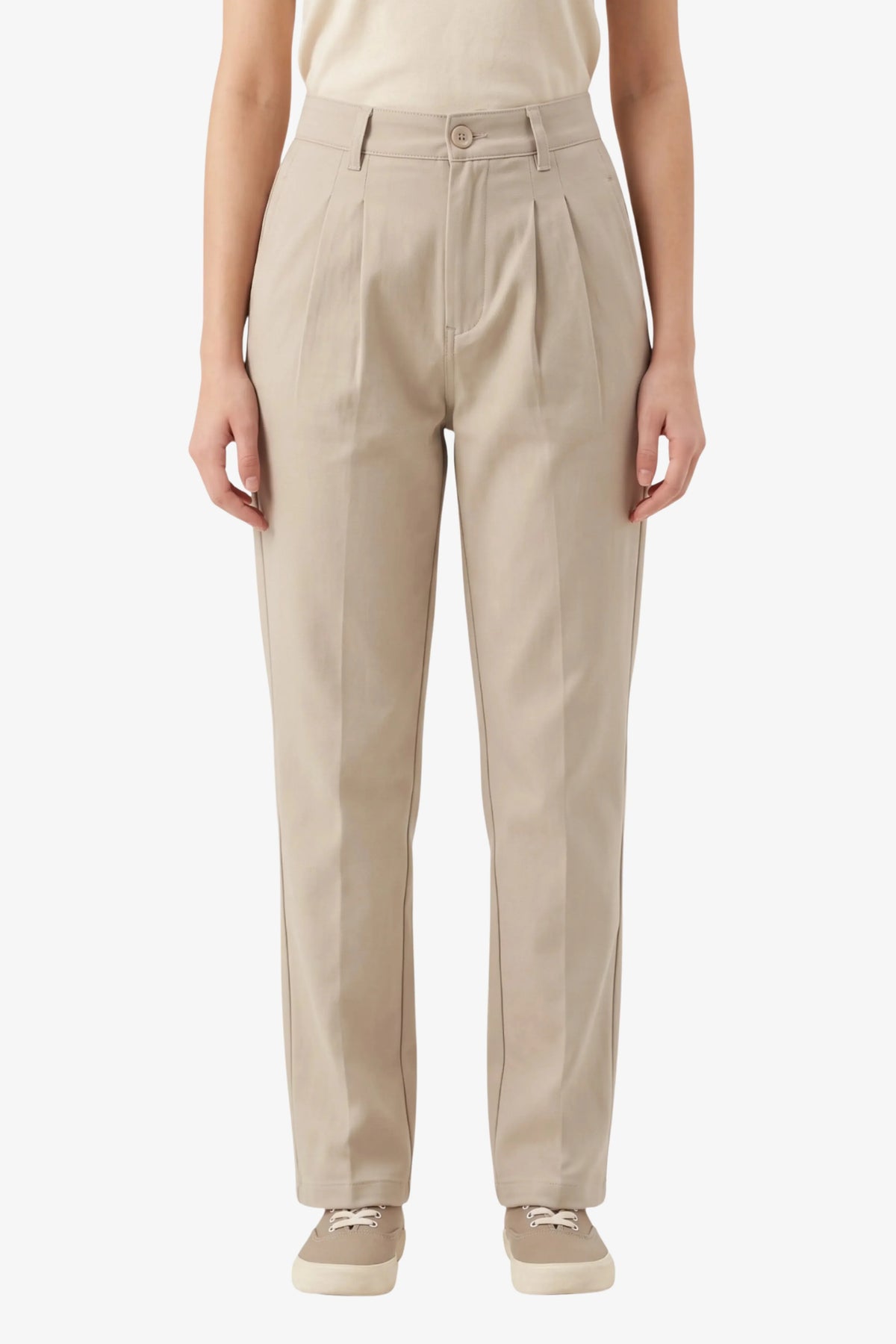 Beige Pleated Straight-Fit Trousers-Global Republic