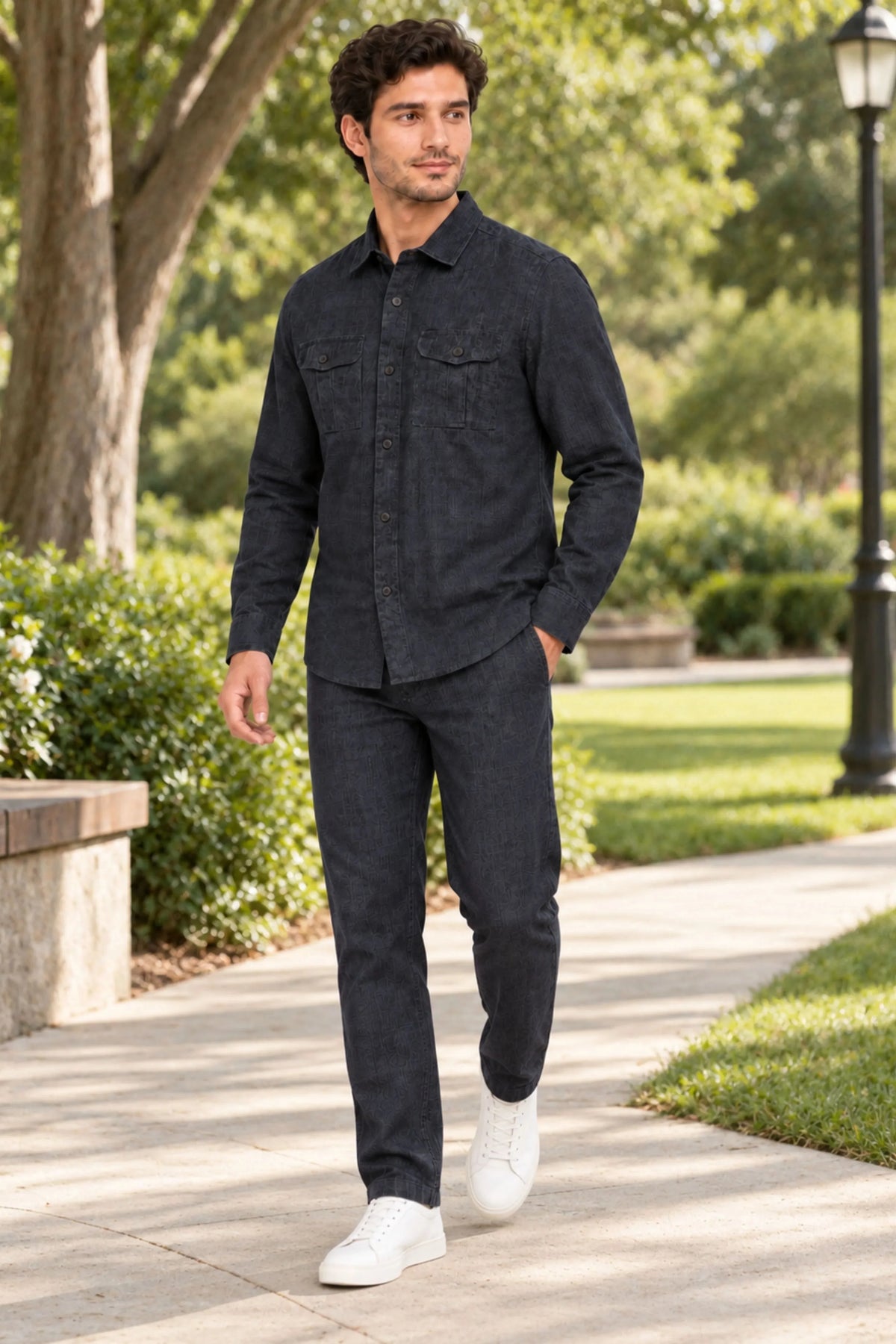 Navy Blue Lyocell Melange Shirt-Global Republic