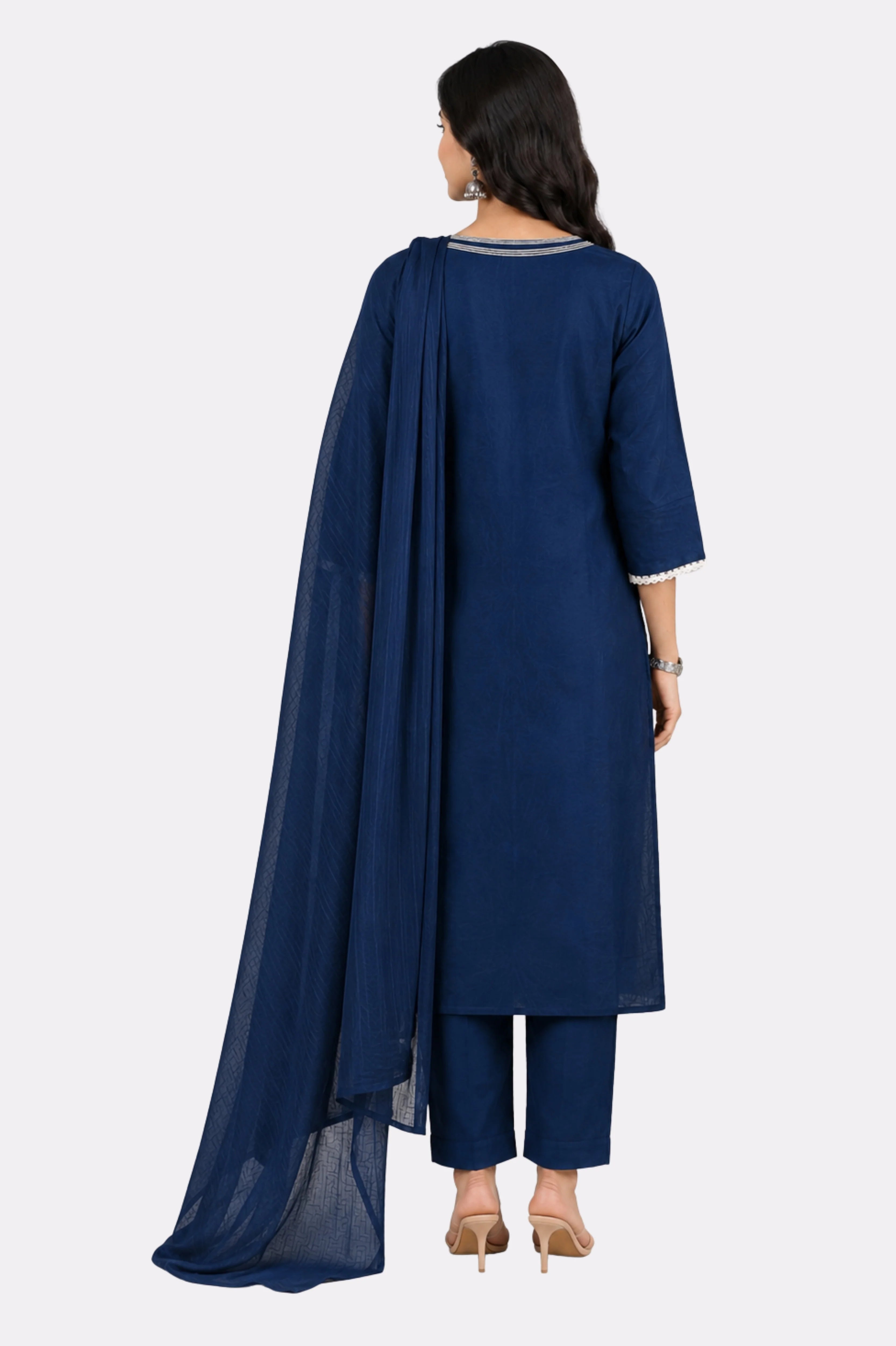 Blue Floral Embroidered Cotton Suit Set-Global Republic