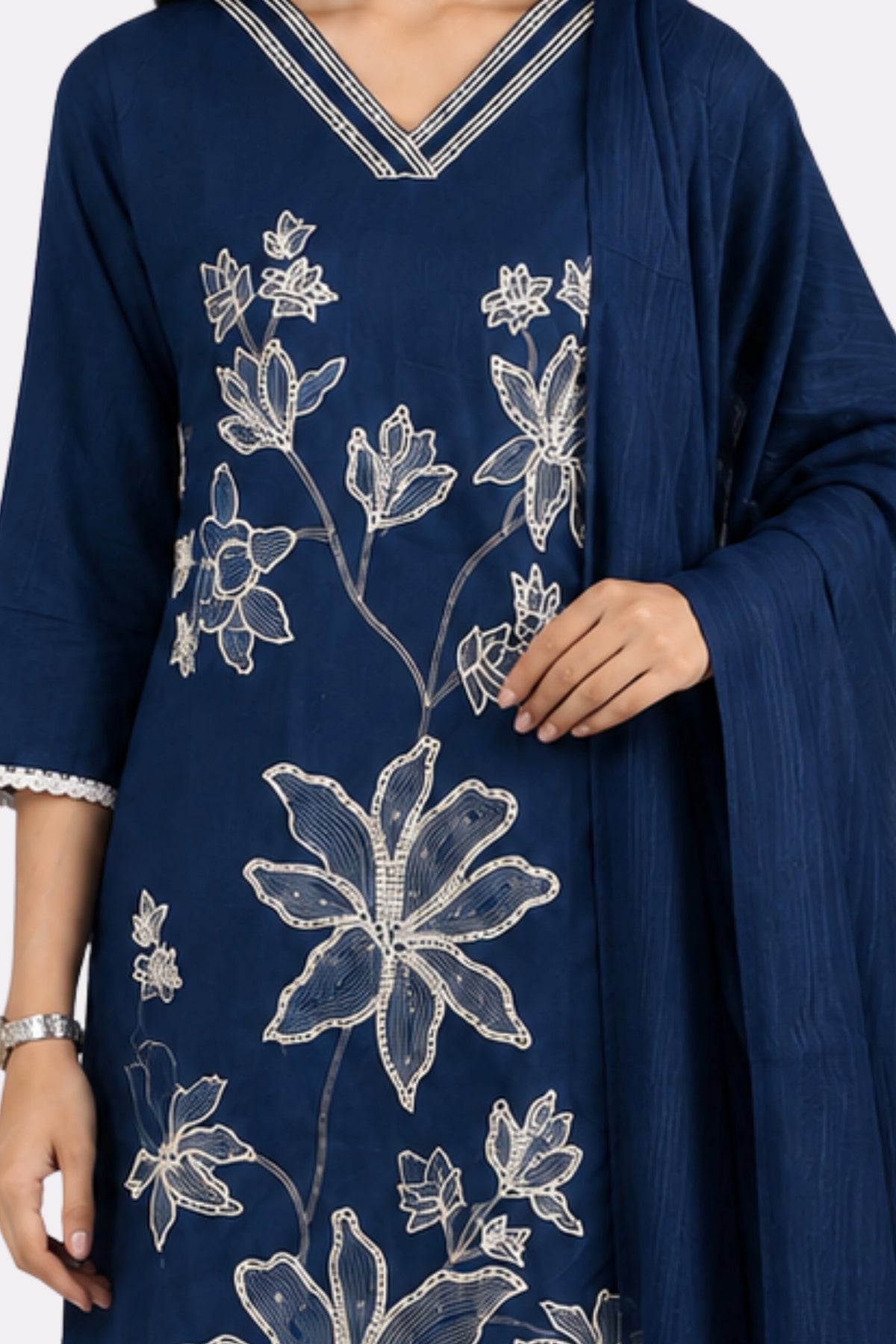 Blue Floral Embroidered Cotton Suit Set-Global Republic