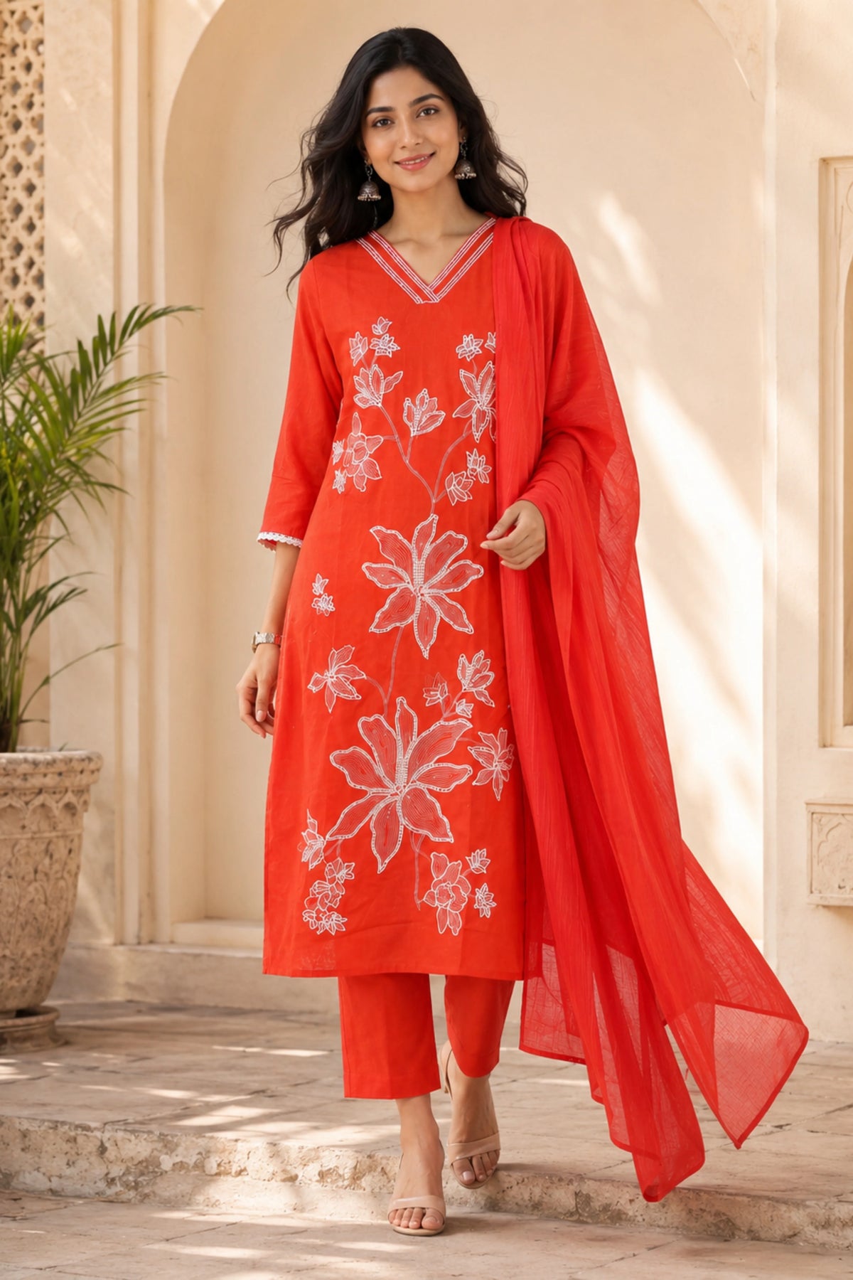 Rust Floral Embroidered Cotton Suit Set-Global Republic