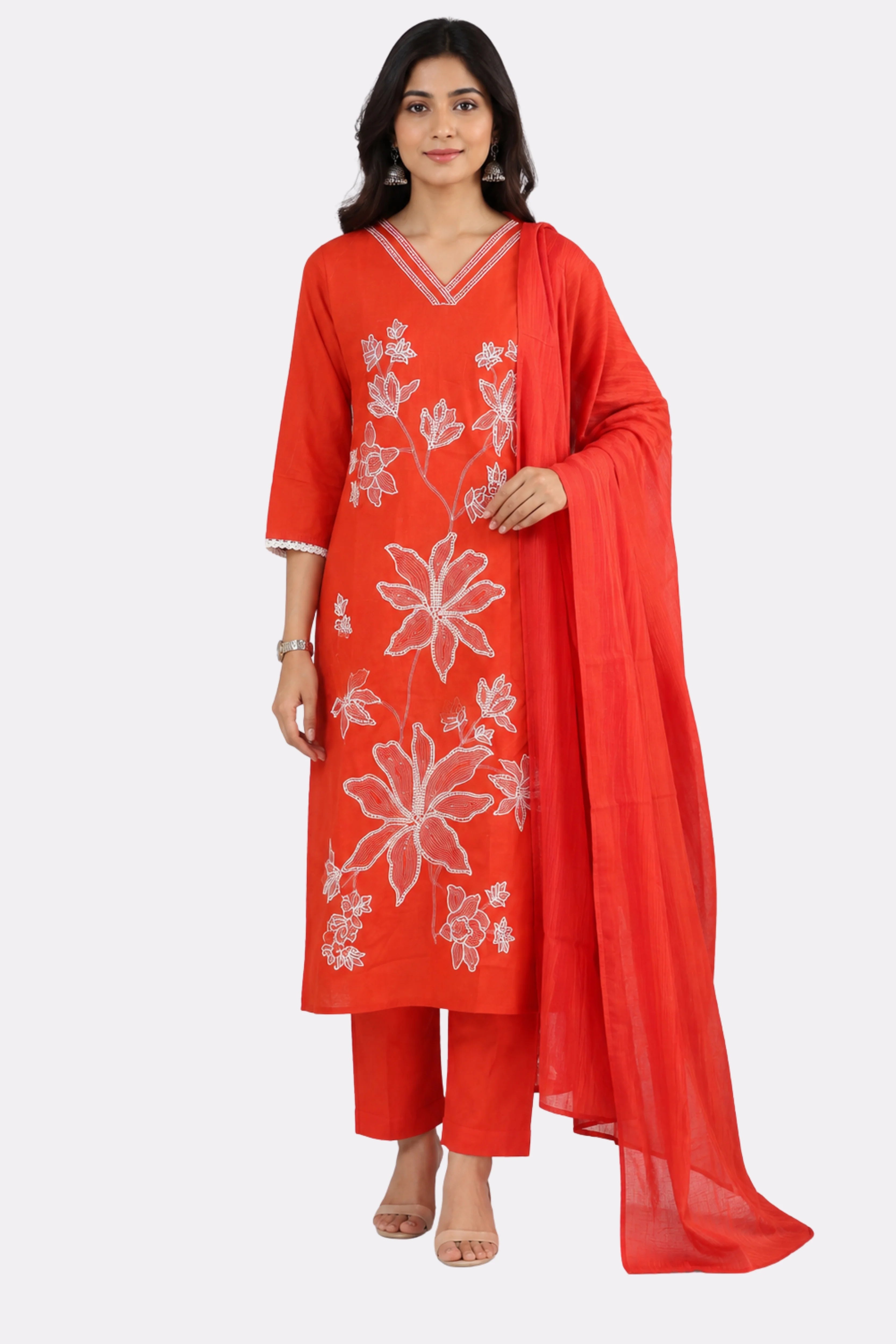 Rust Floral Embroidered Cotton Suit Set-Global Republic