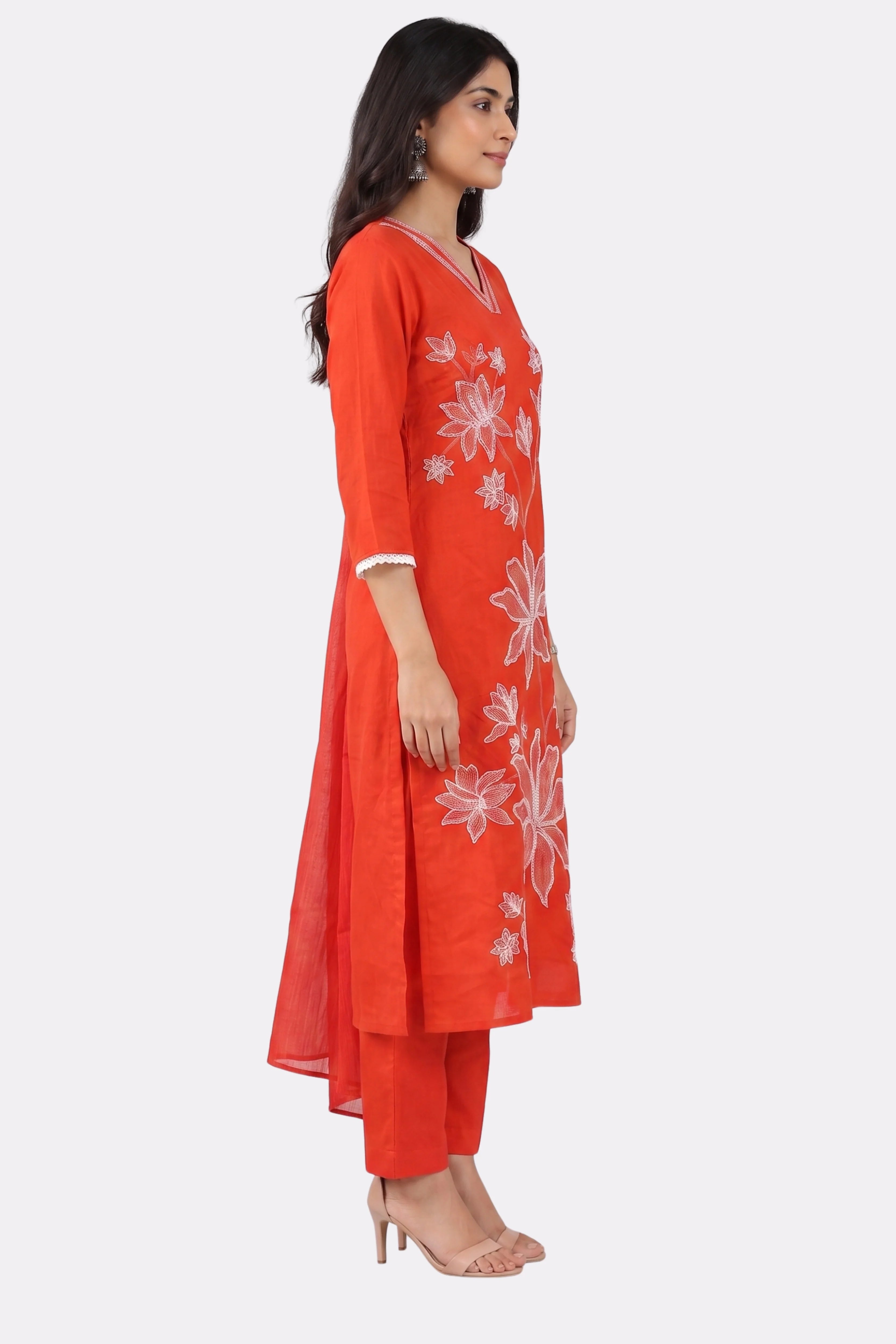 Rust Floral Embroidered Cotton Suit Set-Global Republic