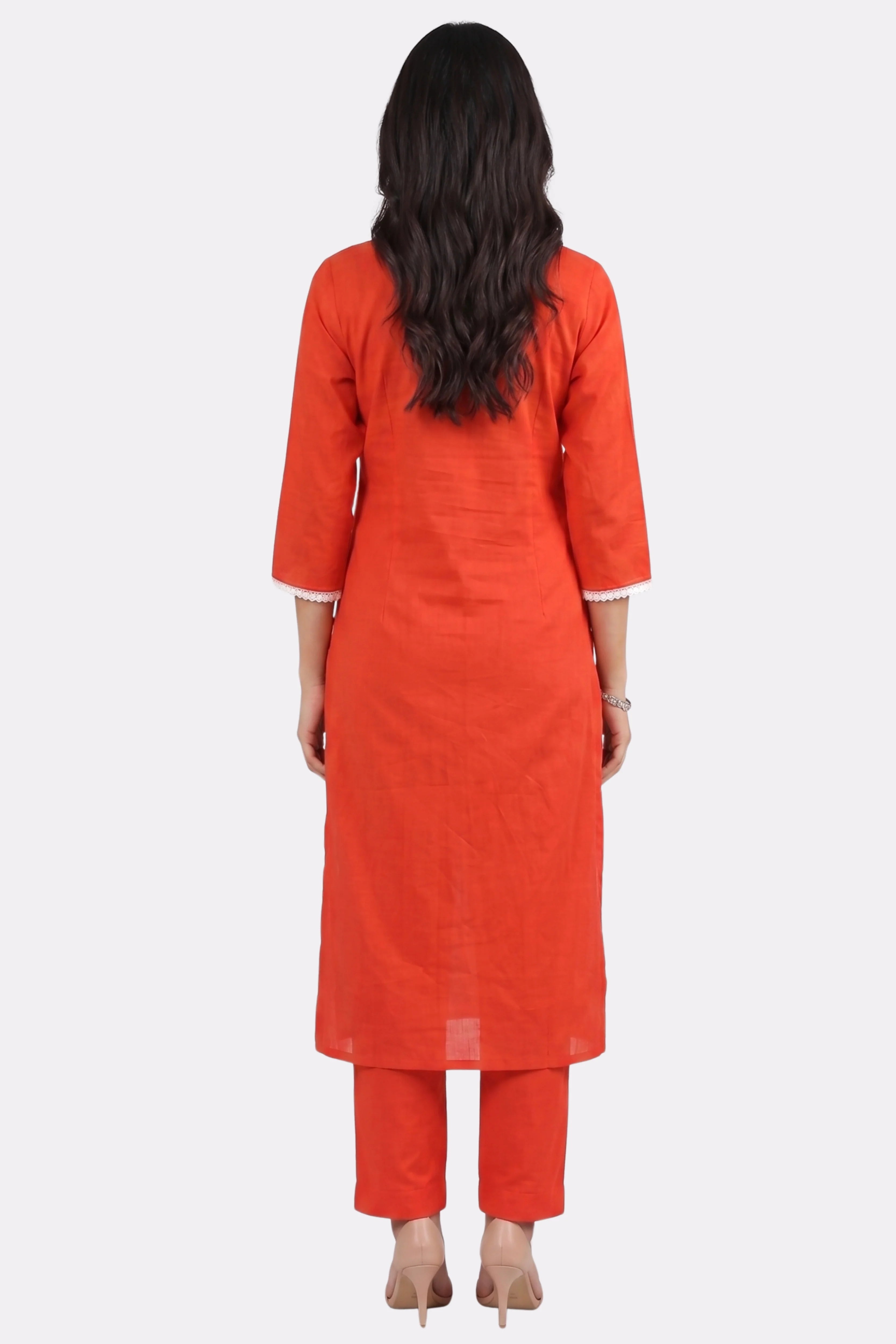 Rust Floral Embroidered Cotton Suit Set-Global Republic