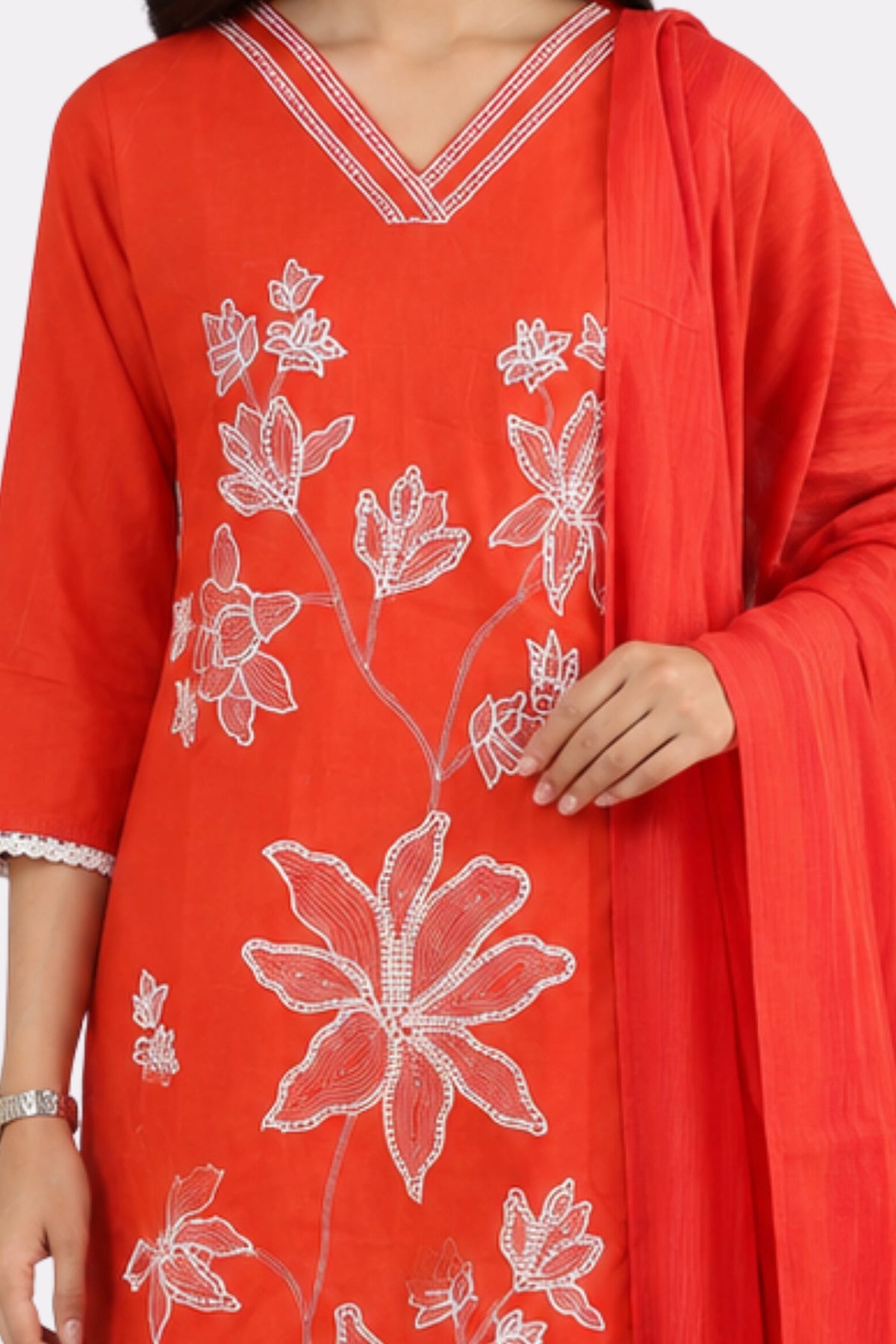 Rust Floral Embroidered Cotton Suit Set-Global Republic