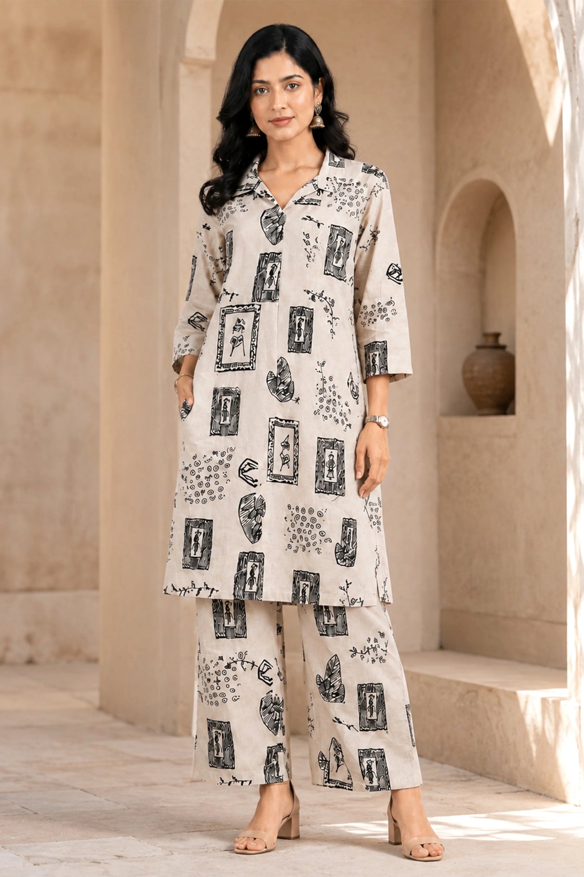 Cream Abstract Print Cotton Kurta Set-Global Republic