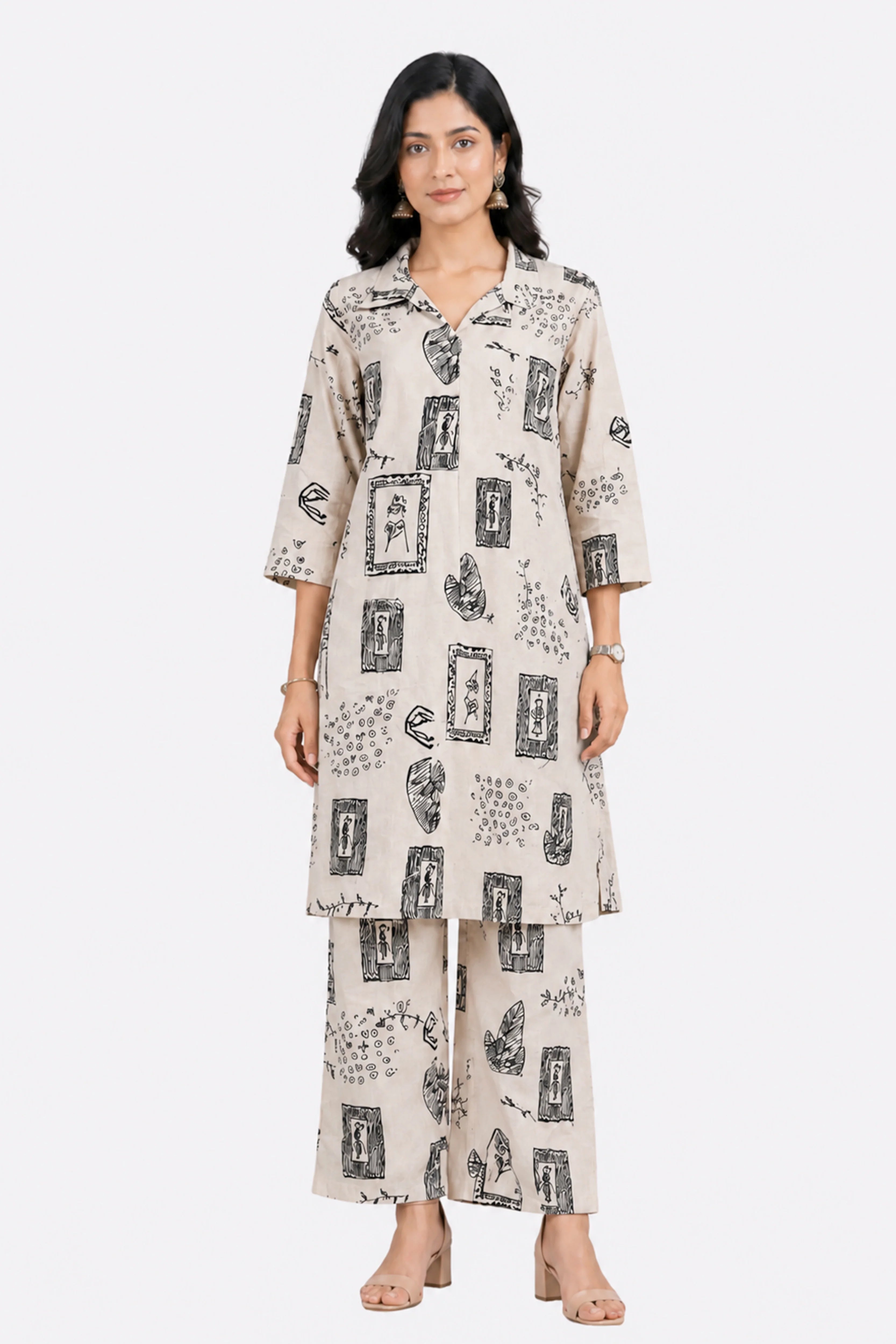 Cream Abstract Print Cotton Kurta Set-Global Republic