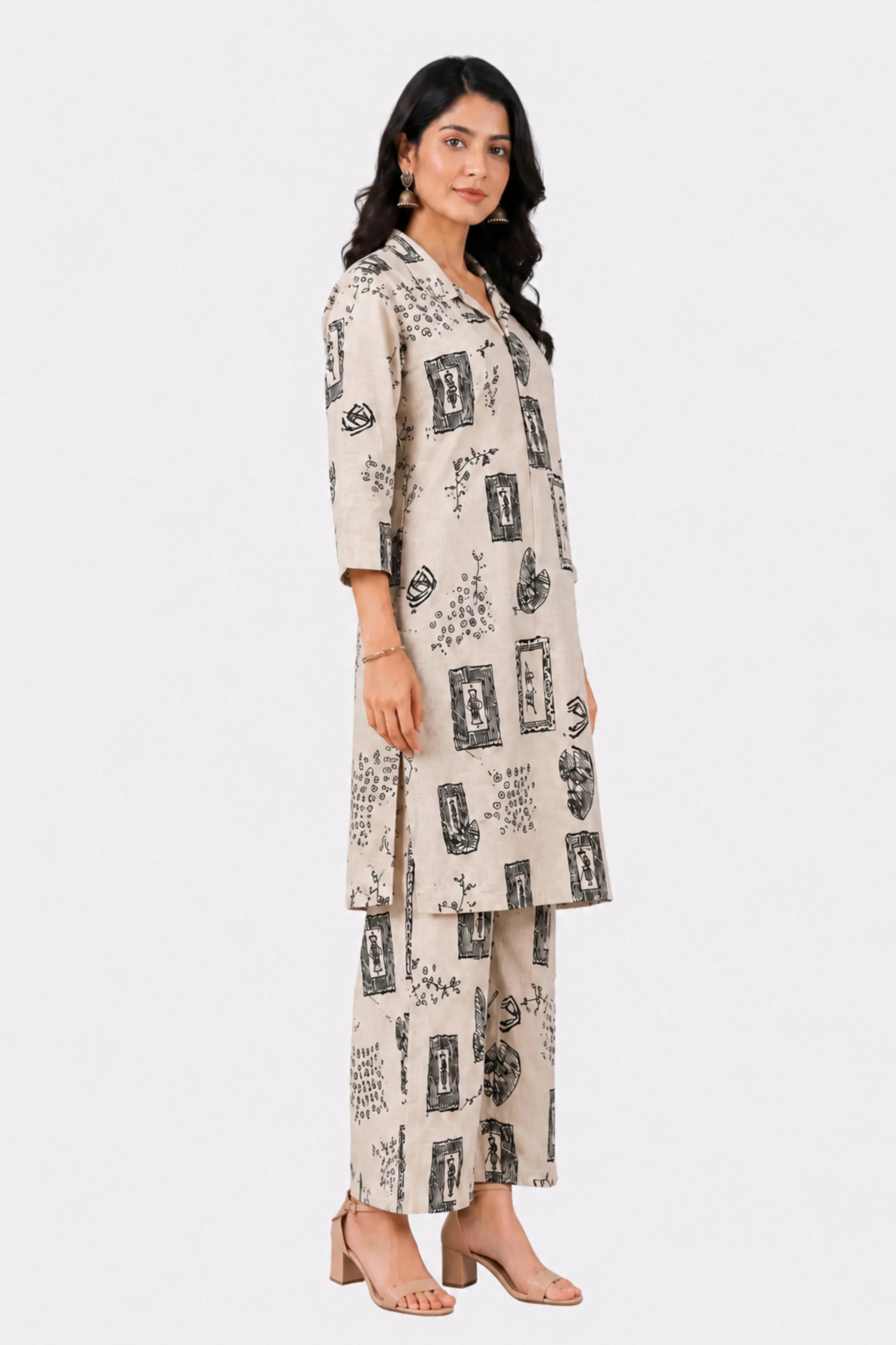 Cream Abstract Print Cotton Kurta Set-Global Republic