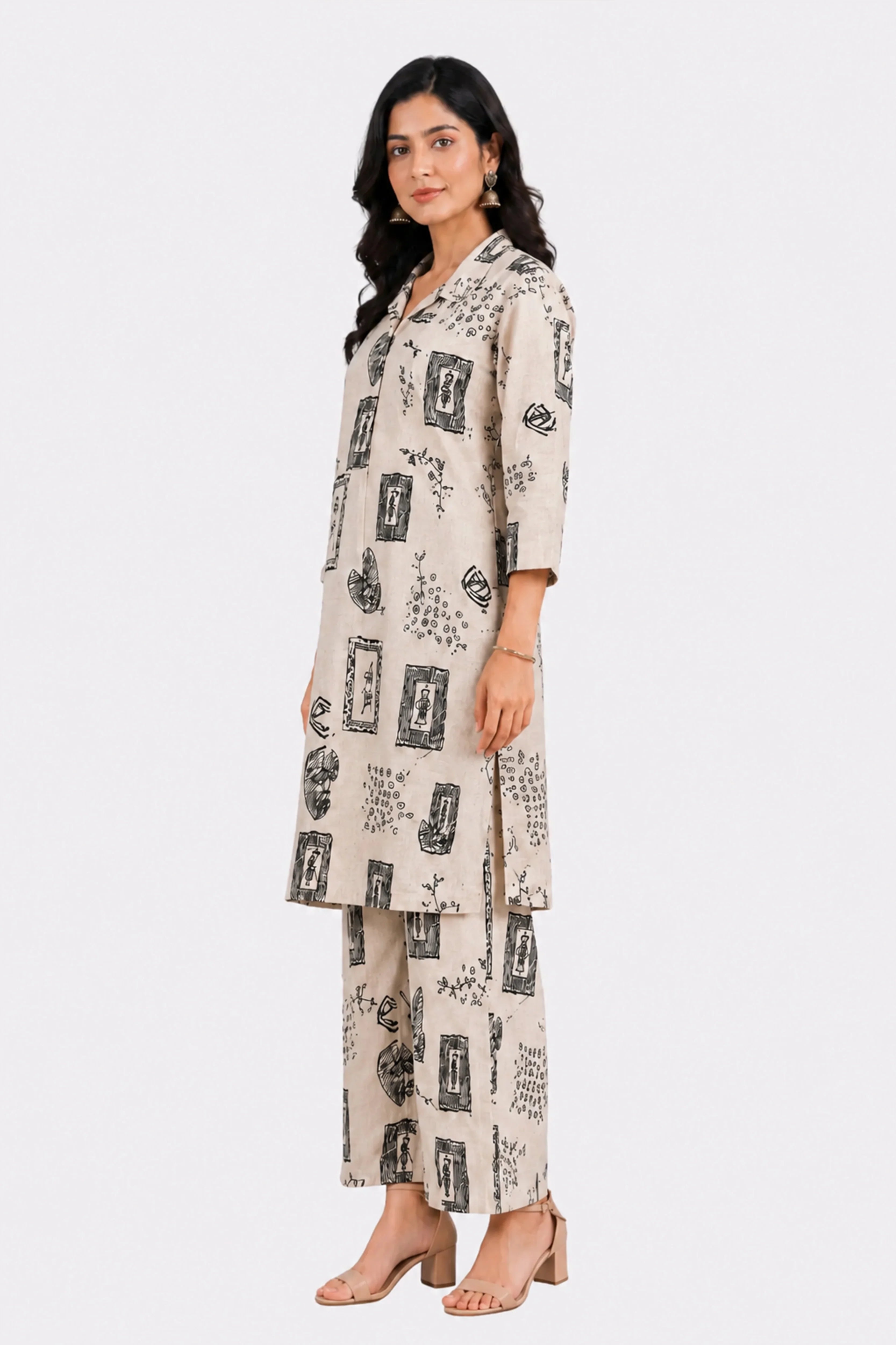 Cream Abstract Print Cotton Kurta Set-Global Republic