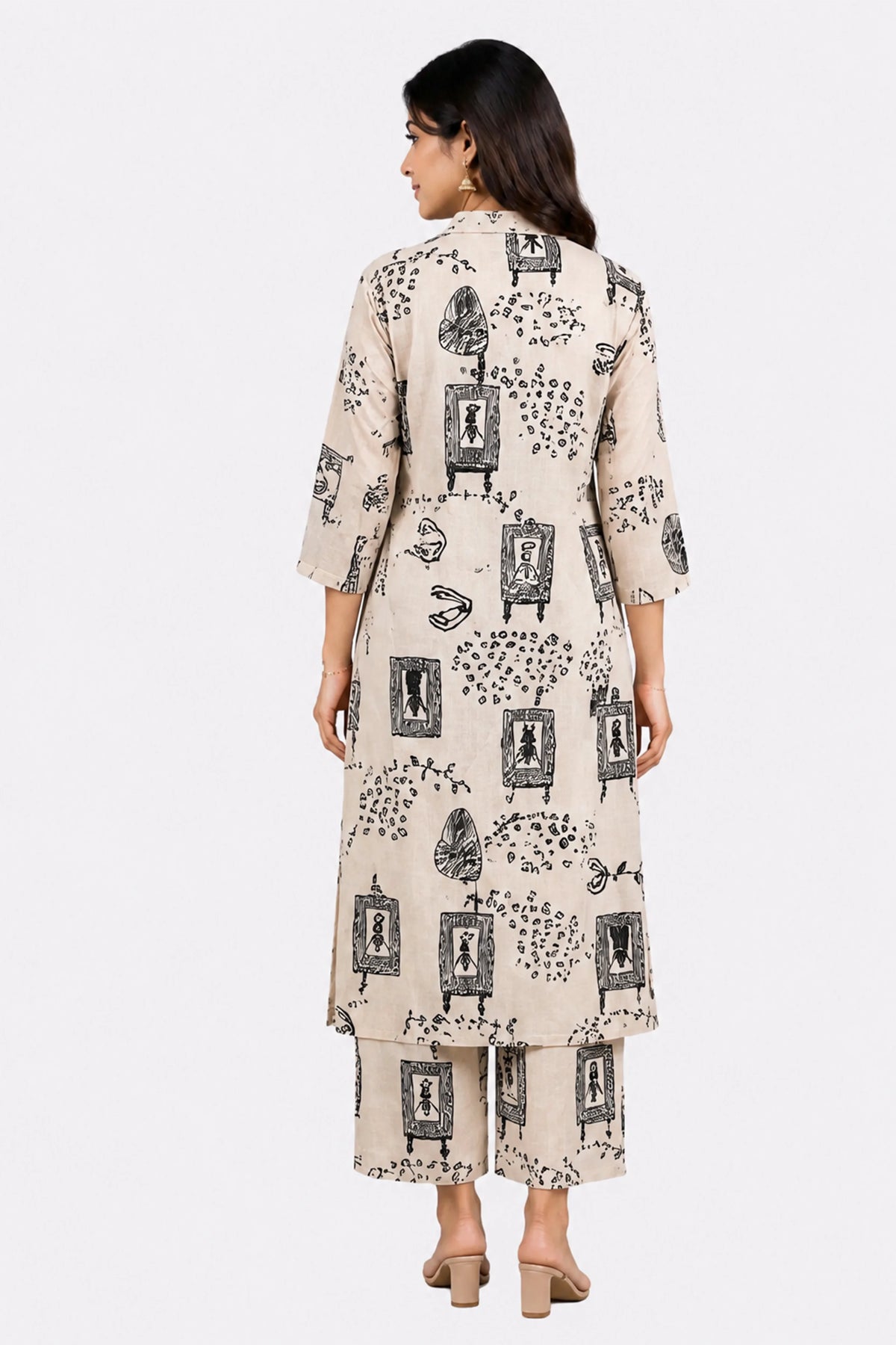 Cream Abstract Print Cotton Kurta Set-Global Republic