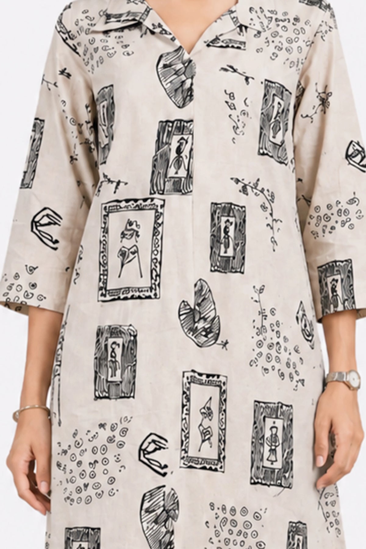 Cream Abstract Print Cotton Kurta Set-Global Republic