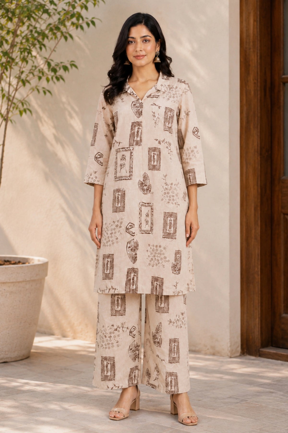 Cream & Wine Abstract Print Cotton Kurta Set-Global Republic