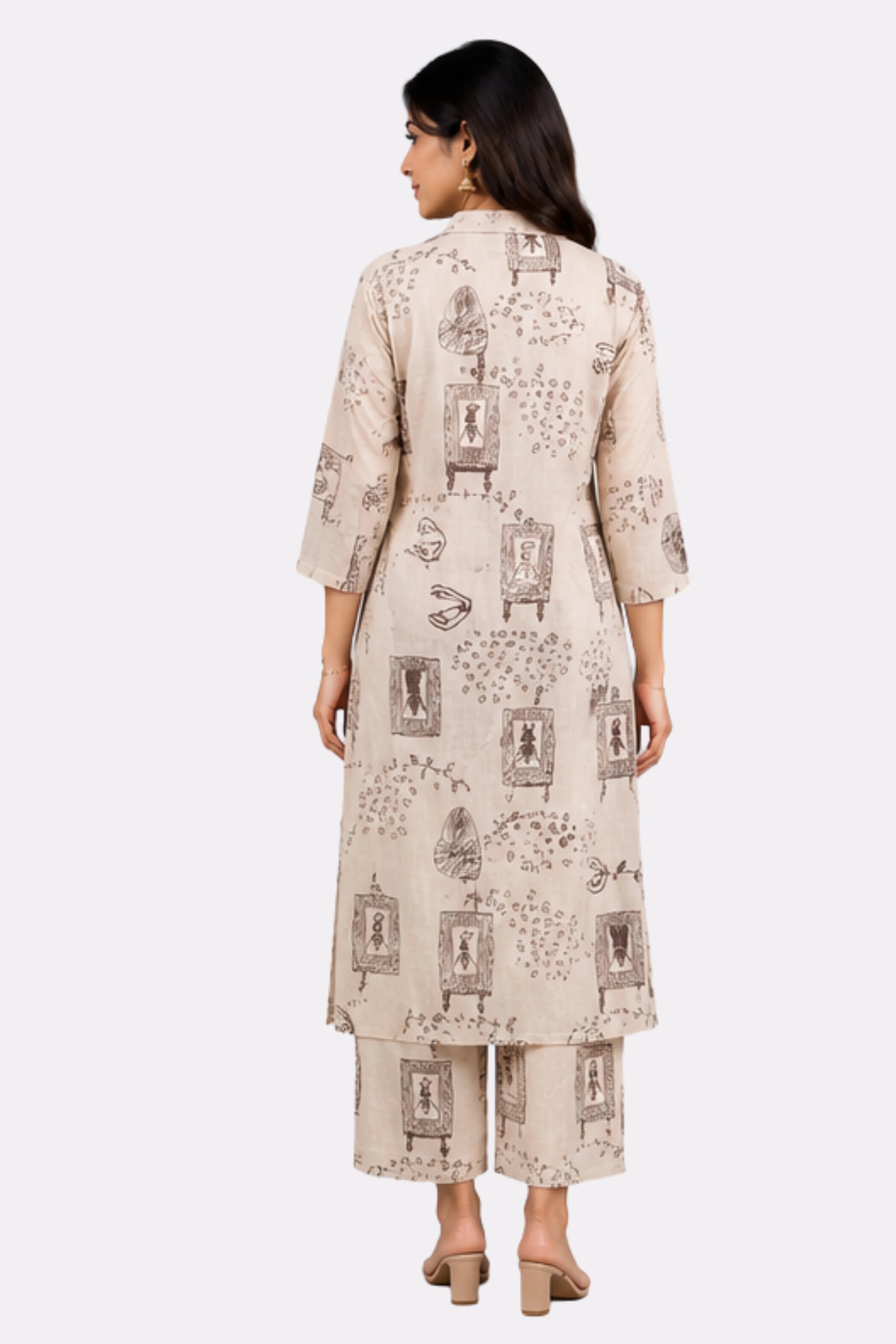 Cream & Wine Abstract Print Cotton Kurta Set-Global Republic