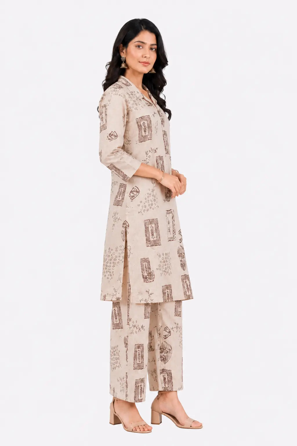 Cream & Wine Abstract Print Cotton Kurta Set-Global Republic