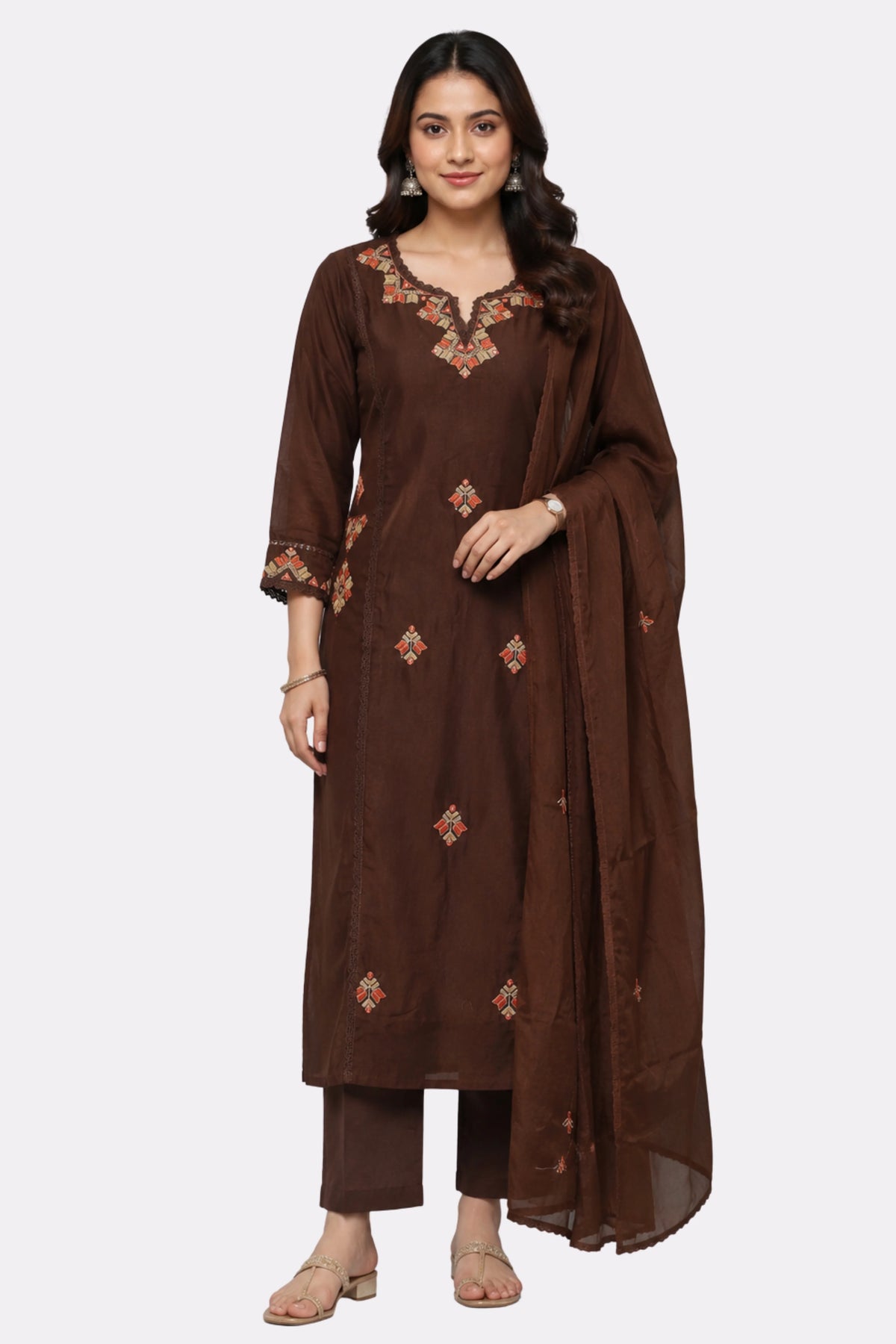 Brown Thread Embroidered Cotton Suit Set-Global Republic