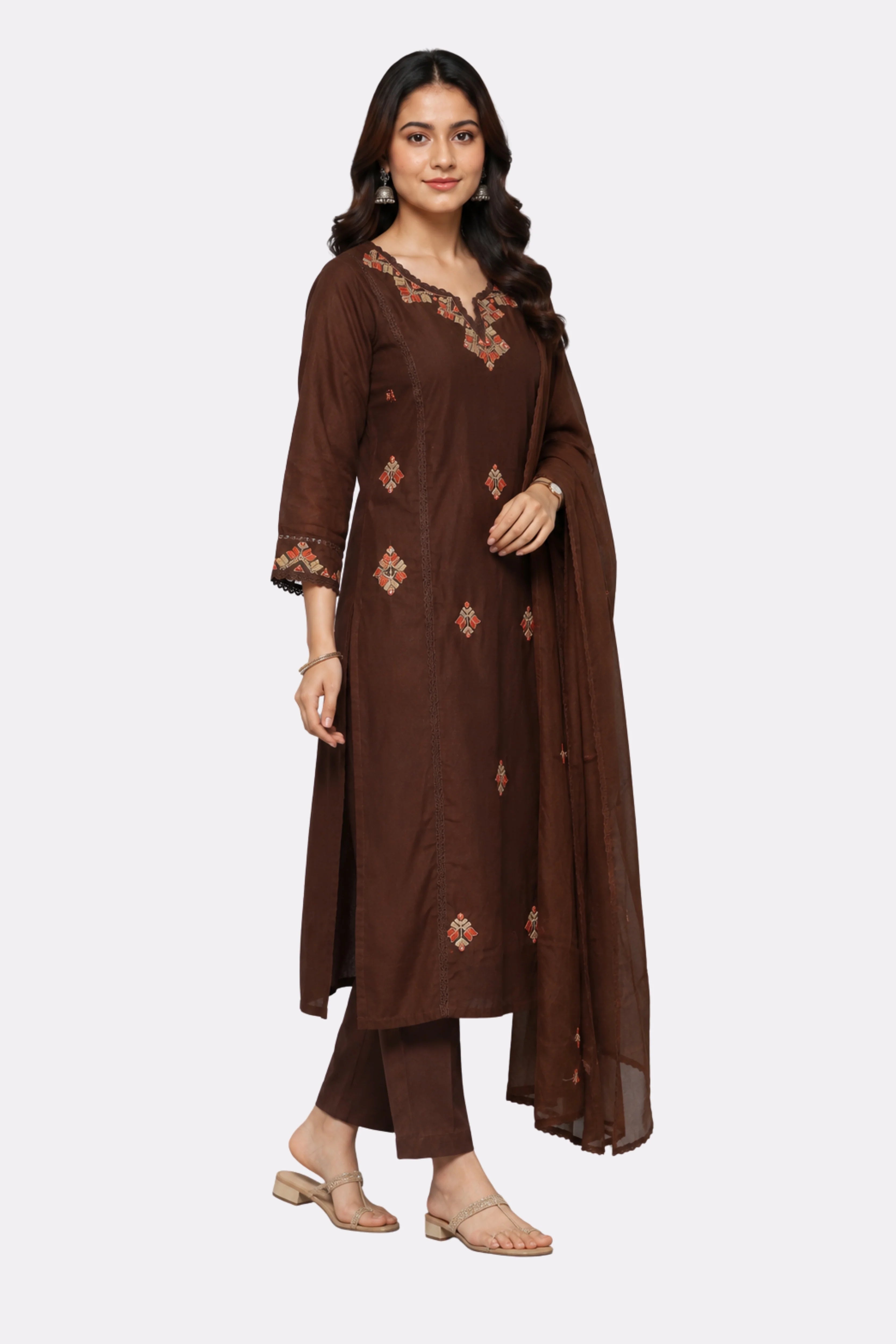Brown Thread Embroidered Cotton Suit Set-Global Republic