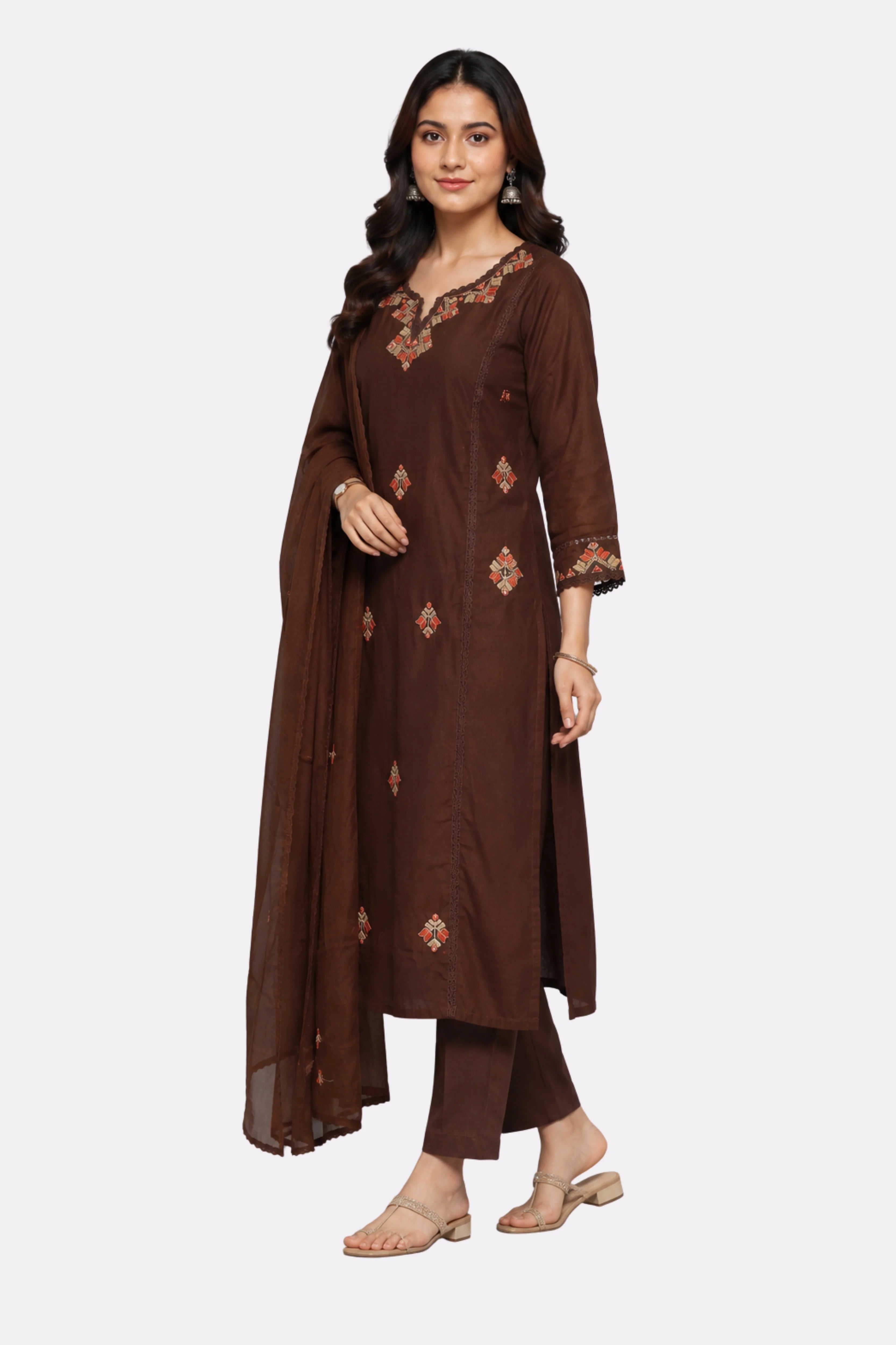 Brown Thread Embroidered Cotton Suit Set-Global Republic